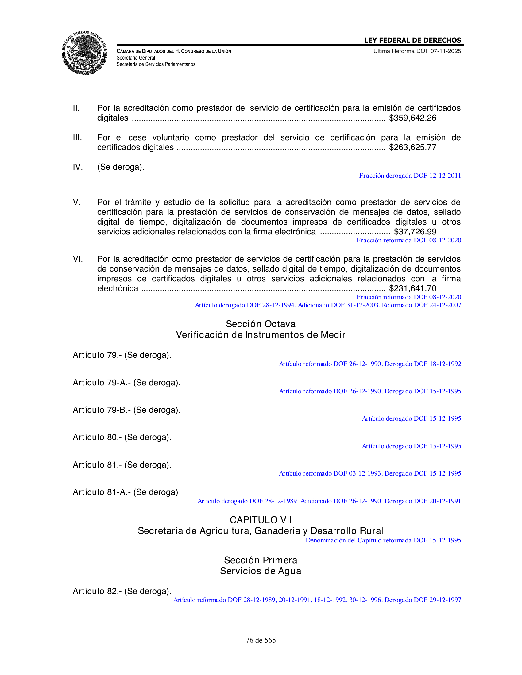 Ley Federal de Derechos — official Chamber compilation — original physical page 76 of 565; complete original page image governs, native search text may be incomplete.