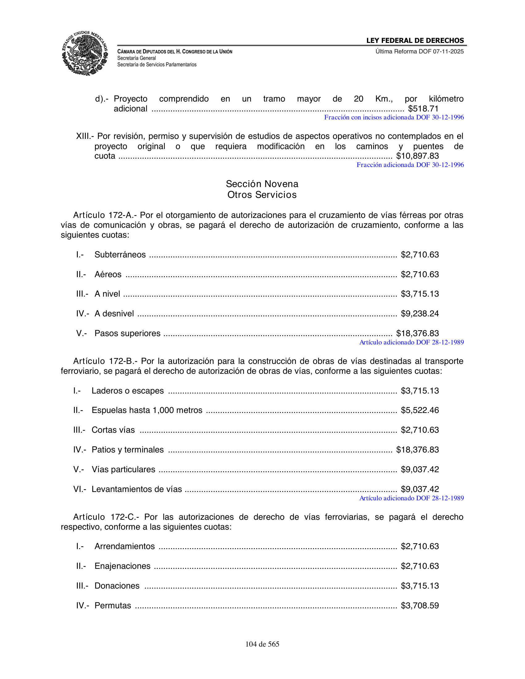 Ley Federal de Derechos — official Chamber compilation — original physical page 104 of 565; complete original page image governs, native search text may be incomplete.
