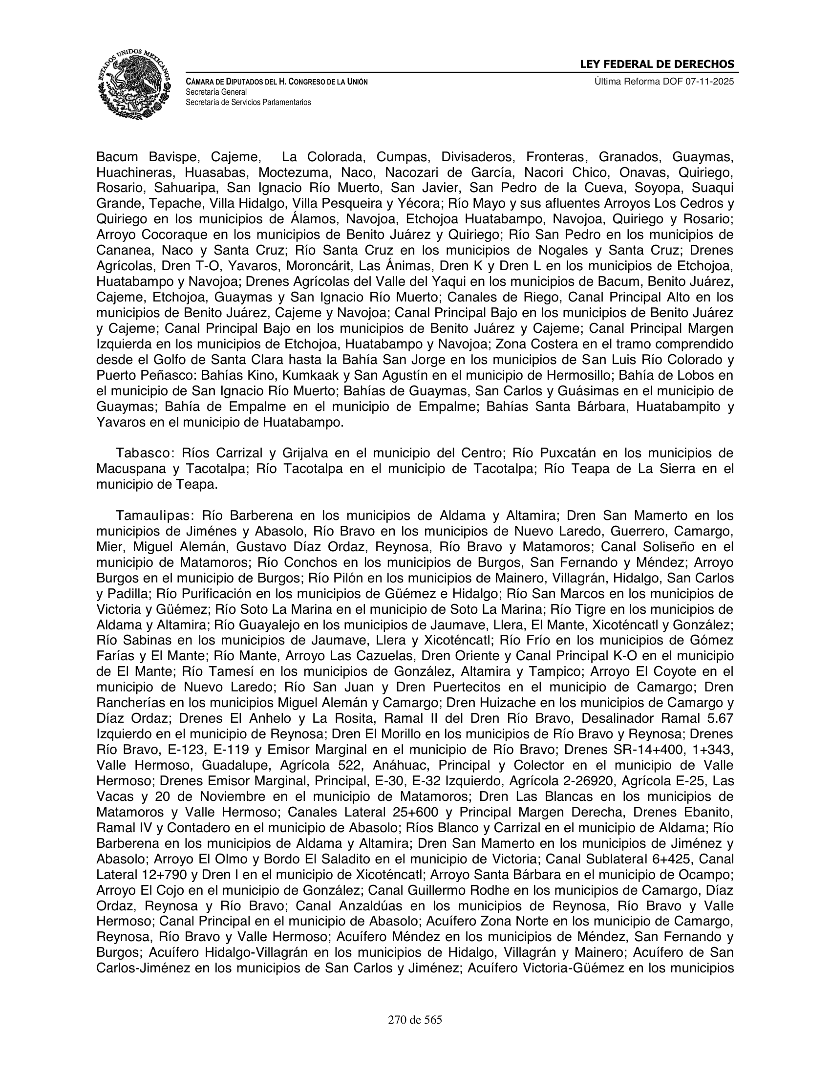Ley Federal de Derechos — official Chamber compilation — original physical page 270 of 565; complete original page image governs, native search text may be incomplete.