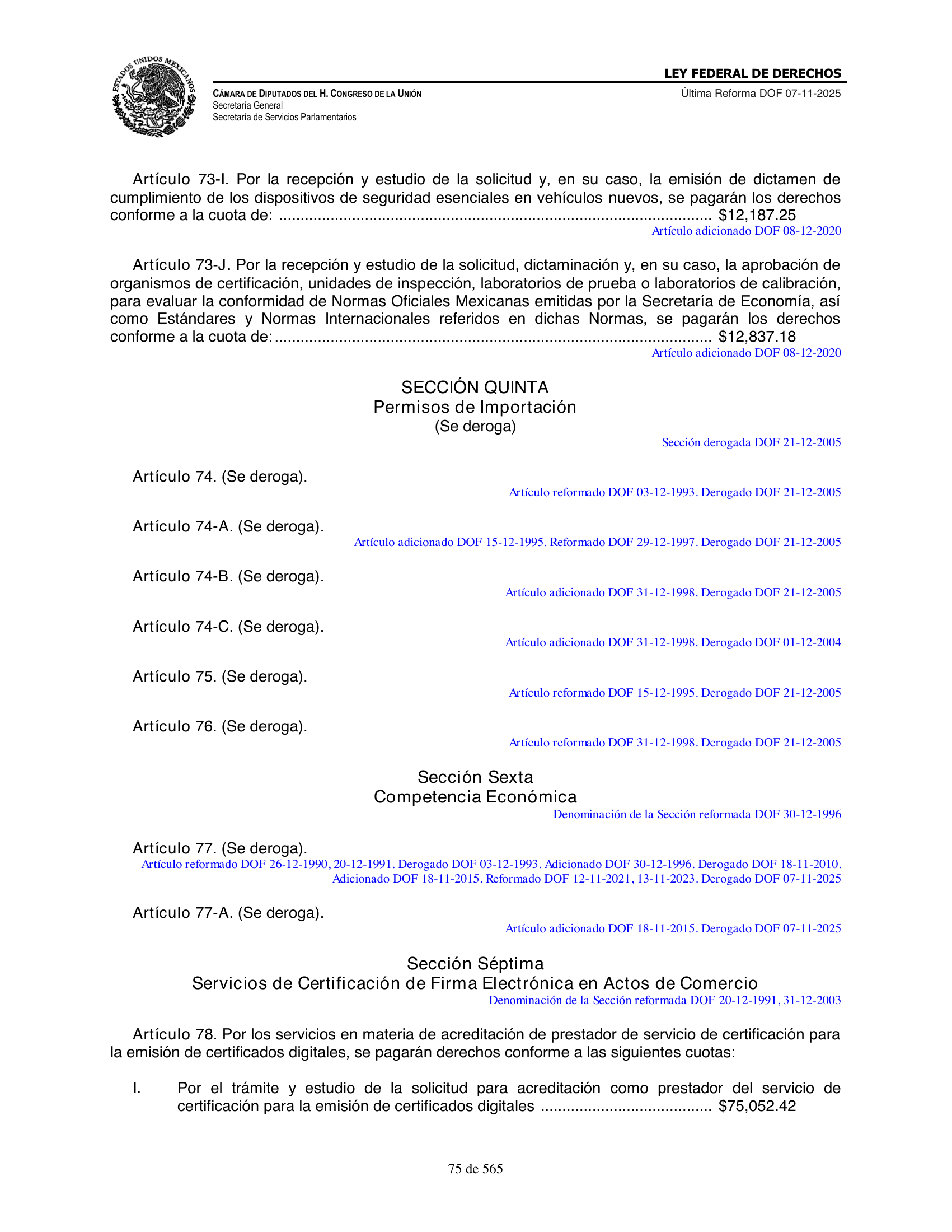 Ley Federal de Derechos — official Chamber compilation — original physical page 75 of 565; complete original page image governs, native search text may be incomplete.