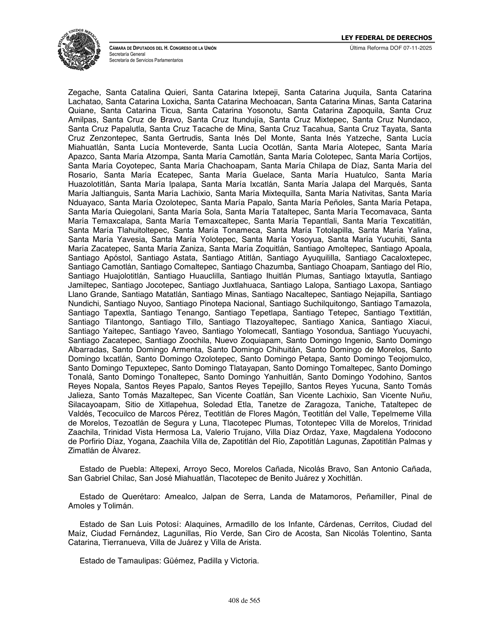 Ley Federal de Derechos — official Chamber compilation — original physical page 408 of 565; complete original page image governs, native search text may be incomplete.