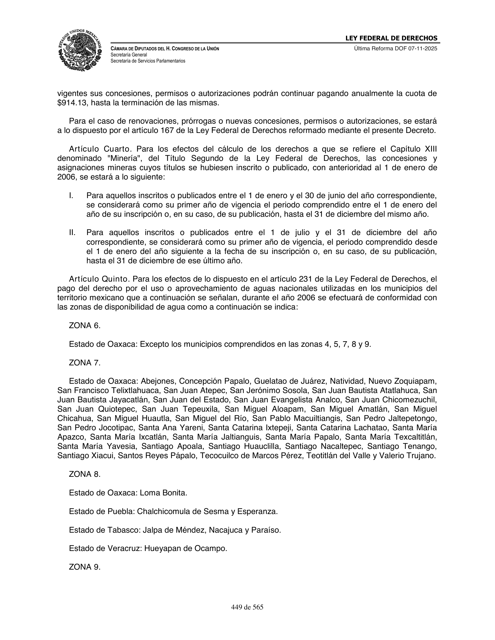 Ley Federal de Derechos — official Chamber compilation — original physical page 449 of 565; complete original page image governs, native search text may be incomplete.