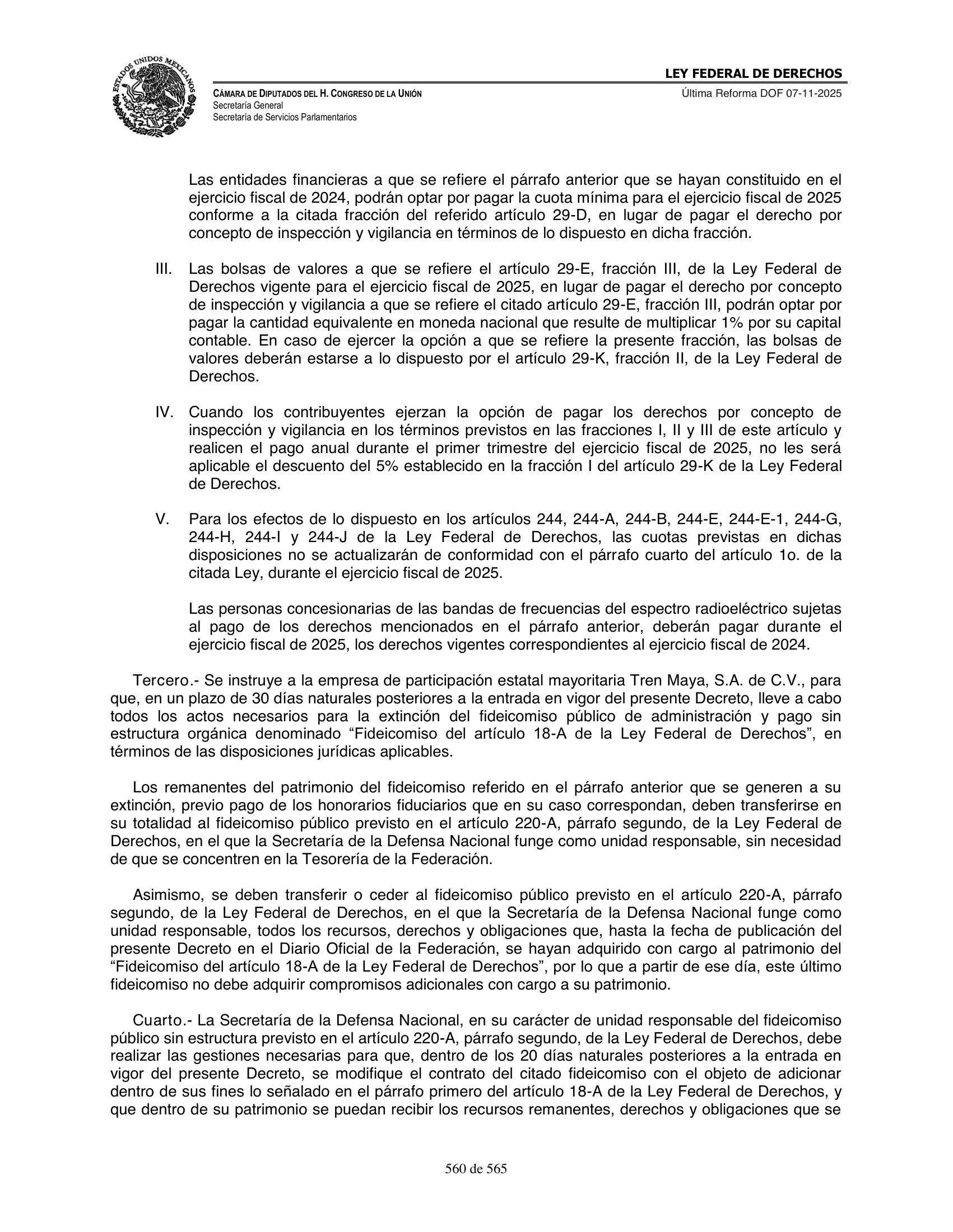 Ley Federal de Derechos — official Chamber compilation — original physical page 560 of 565; complete original page image governs, native search text may be incomplete.