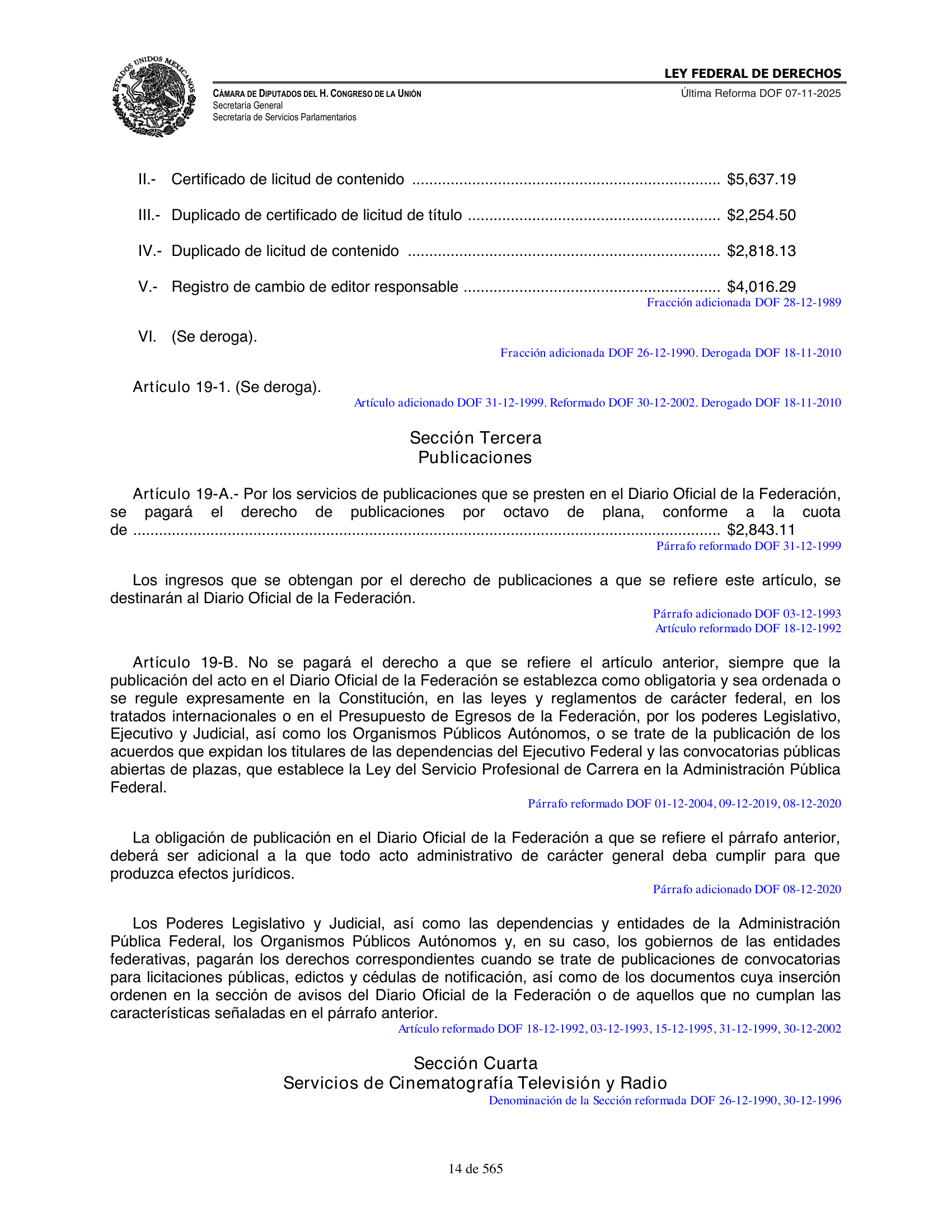 Ley Federal de Derechos — official Chamber compilation — original physical page 14 of 565; complete original page image governs, native search text may be incomplete.