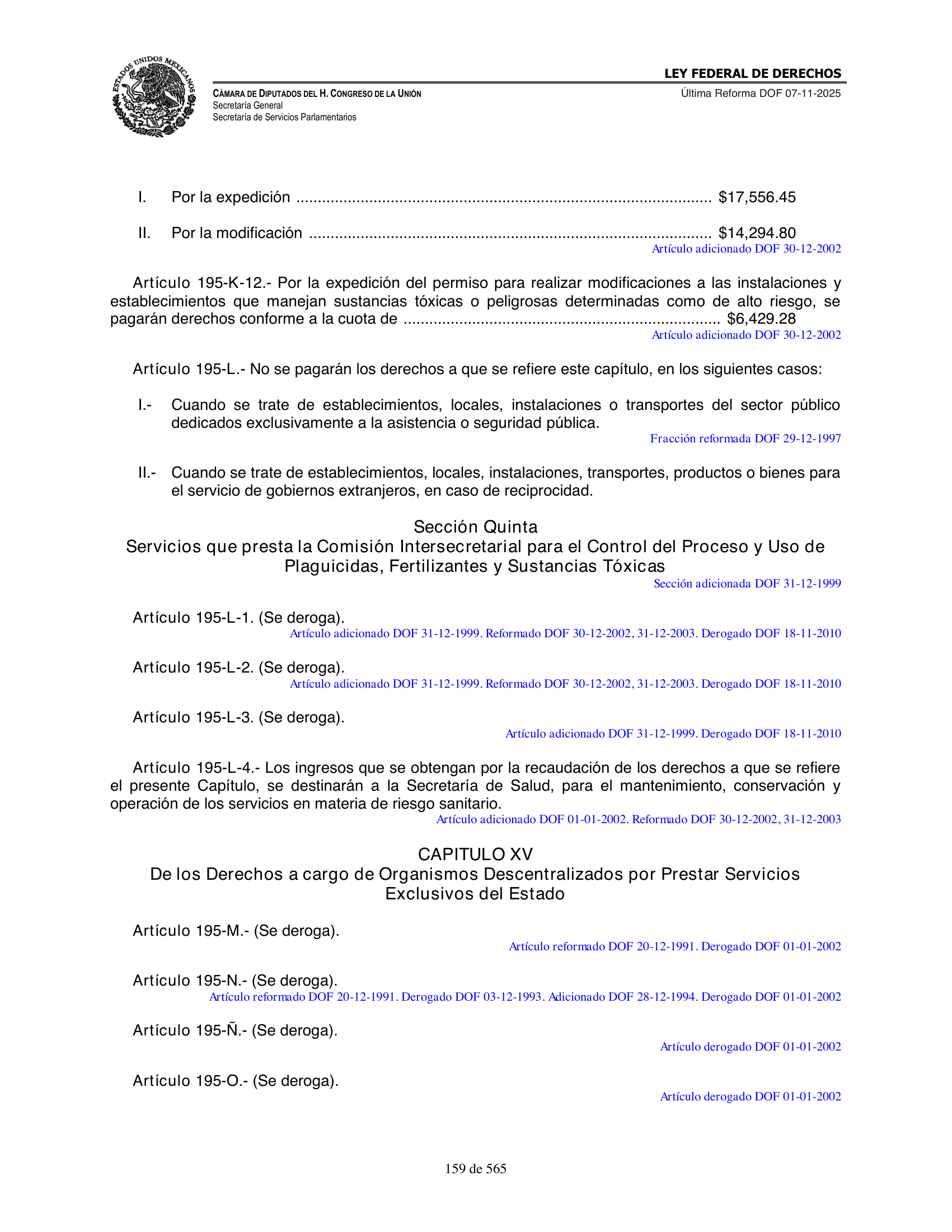 Ley Federal de Derechos — official Chamber compilation — original physical page 159 of 565; complete original page image governs, native search text may be incomplete.