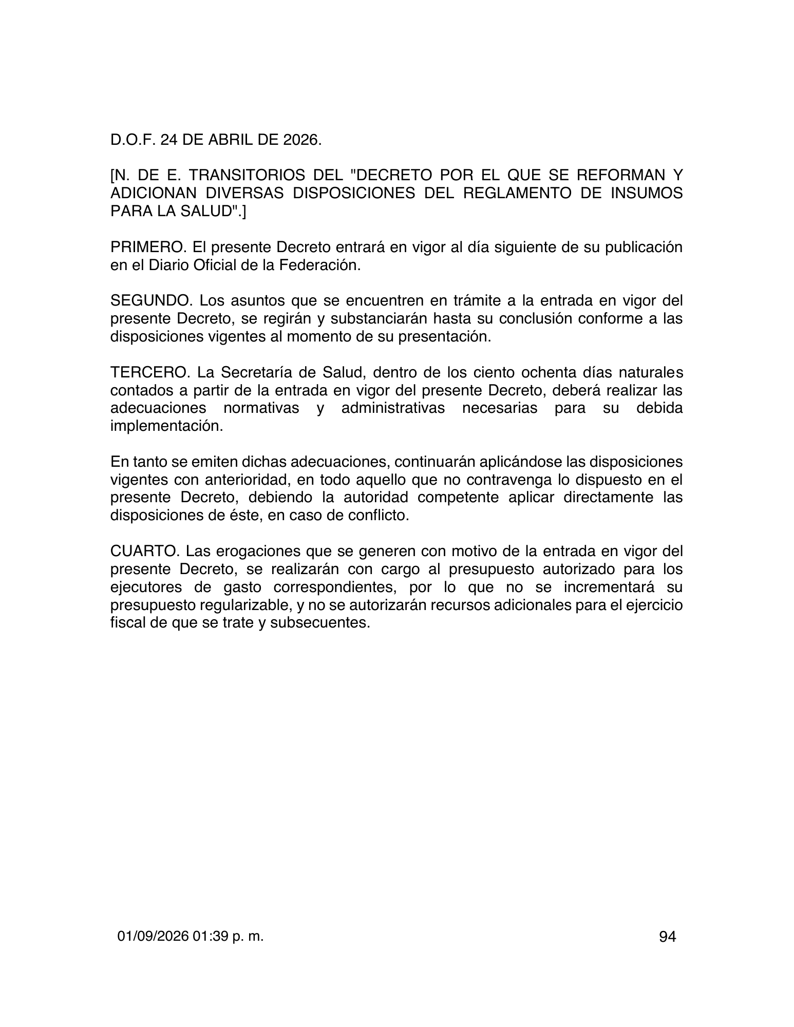 Reglamento de Insumos para la Salud — 2026 compiled expression — official PDF page 94