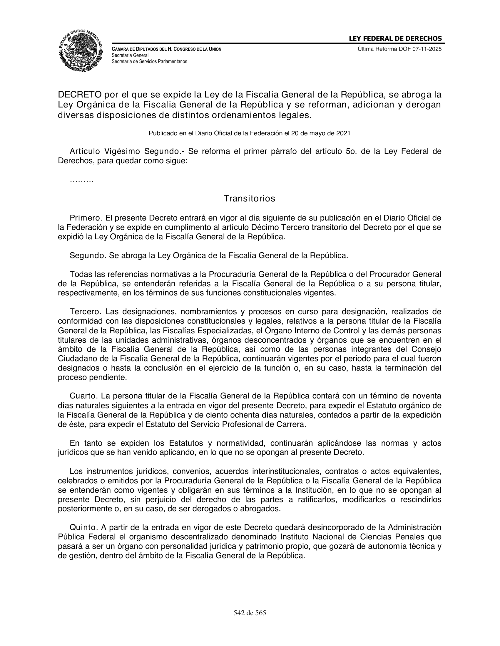 Ley Federal de Derechos — official Chamber compilation — original physical page 542 of 565; complete original page image governs, native search text may be incomplete.