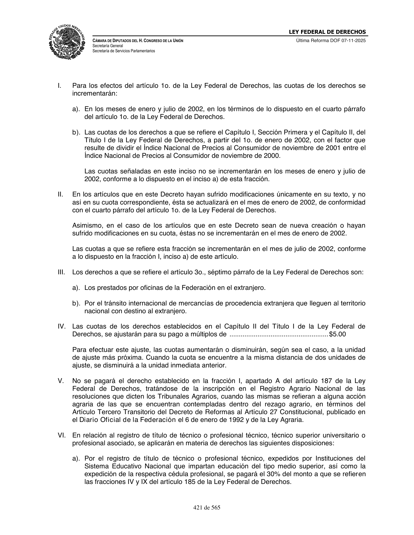Ley Federal de Derechos — official Chamber compilation — original physical page 421 of 565; complete original page image governs, native search text may be incomplete.