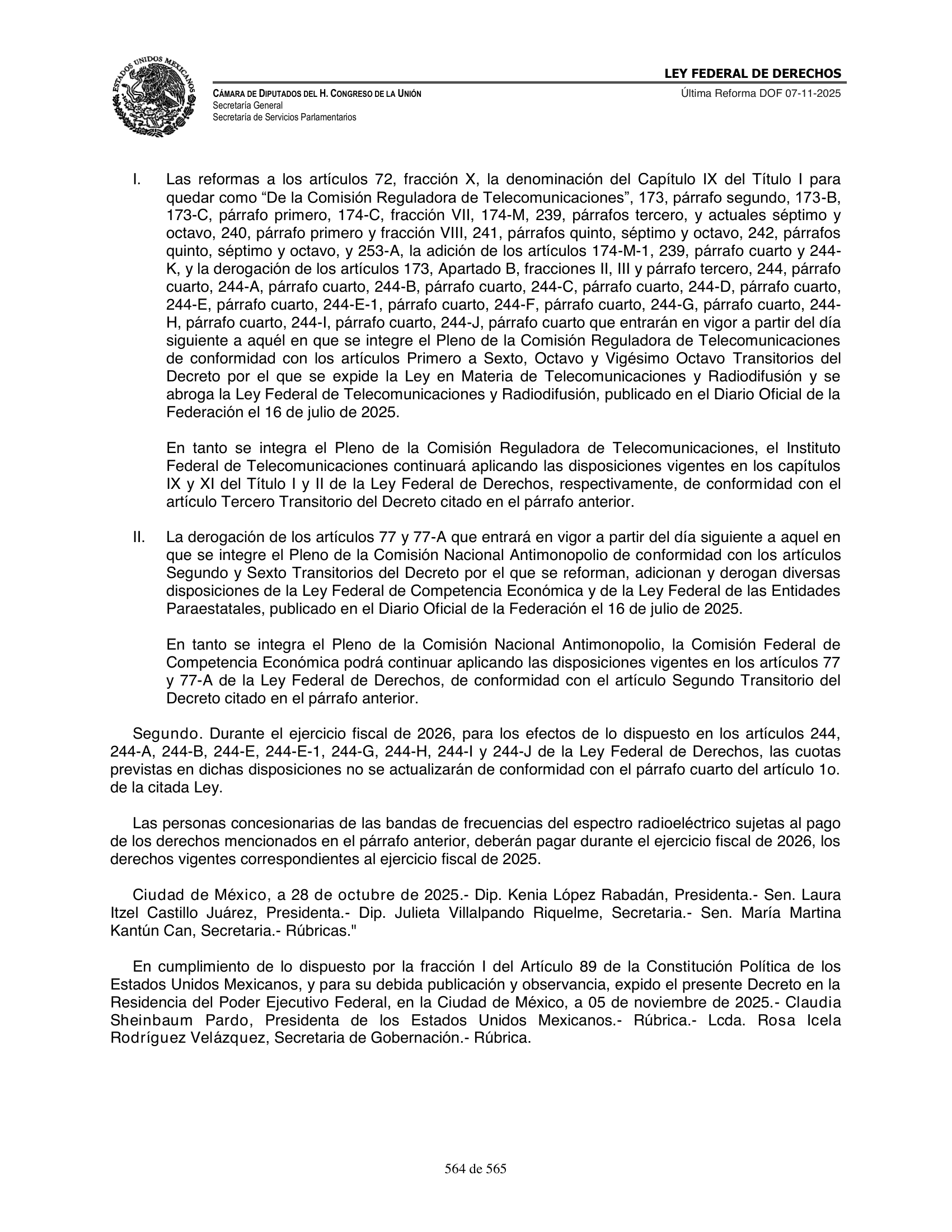 Ley Federal de Derechos — official Chamber compilation — original physical page 564 of 565; complete original page image governs, native search text may be incomplete.