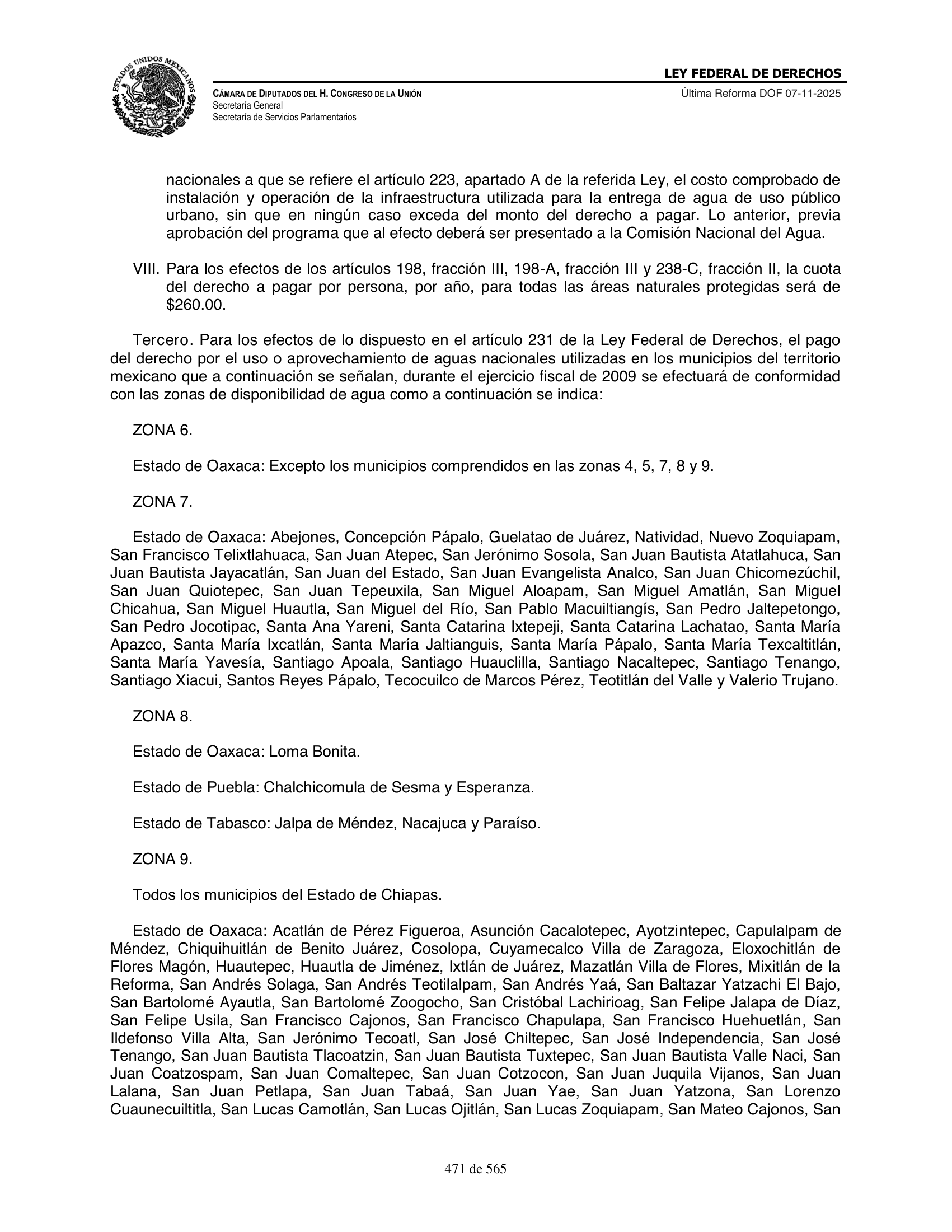 Ley Federal de Derechos — official Chamber compilation — original physical page 471 of 565; complete original page image governs, native search text may be incomplete.