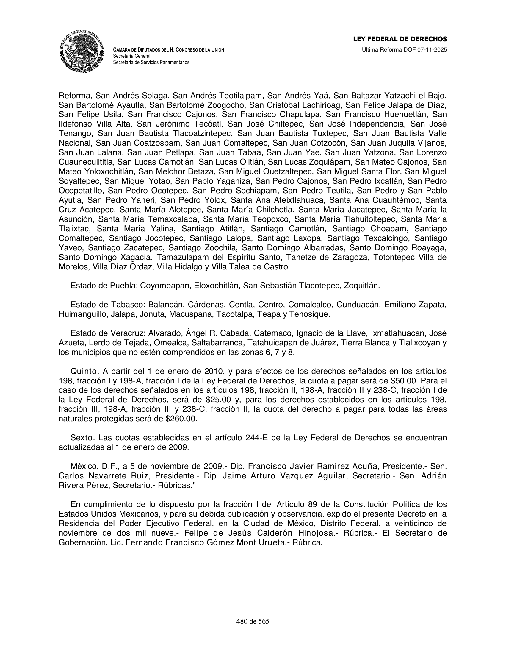 Ley Federal de Derechos — official Chamber compilation — original physical page 480 of 565; complete original page image governs, native search text may be incomplete.
