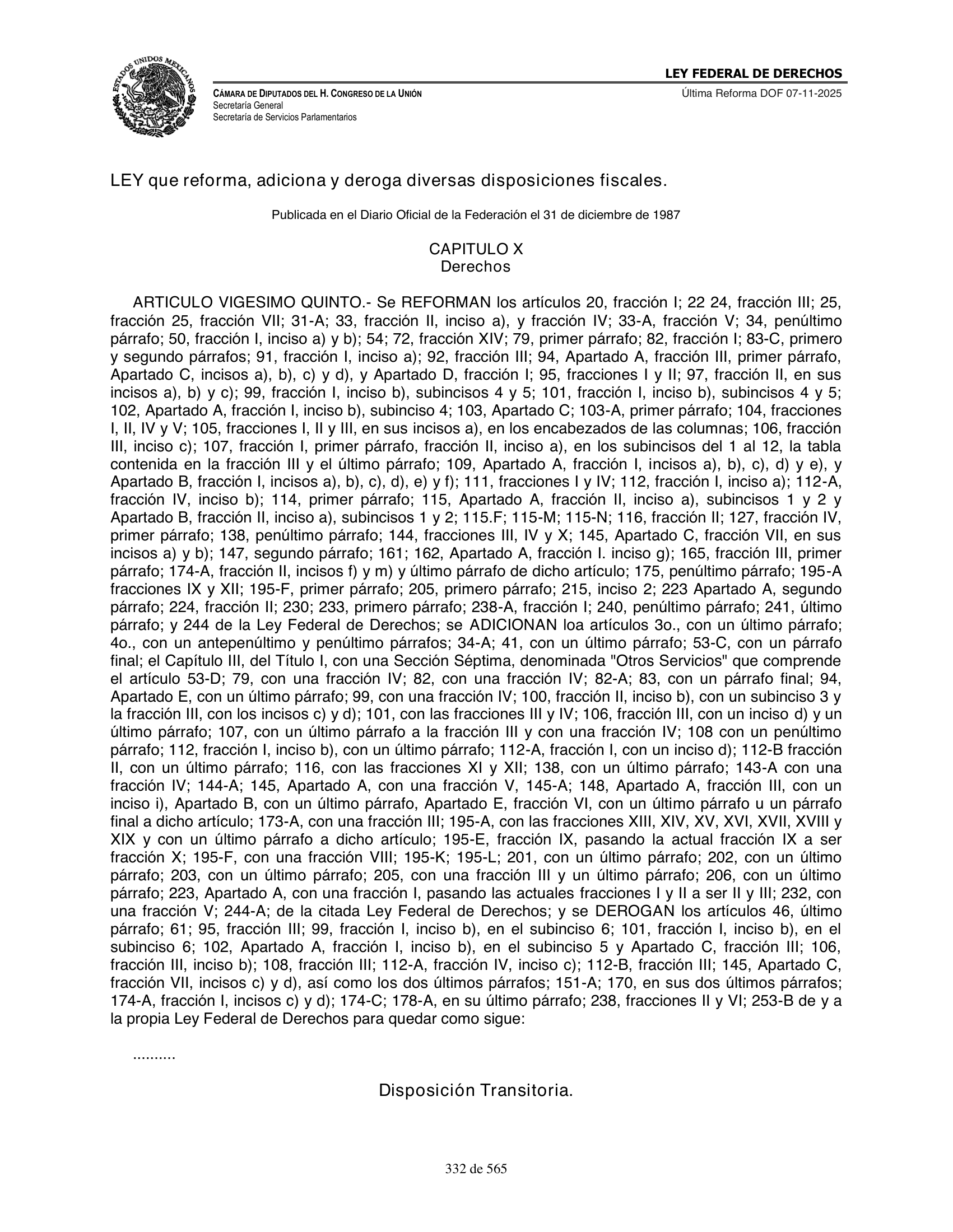 Ley Federal de Derechos — official Chamber compilation — original physical page 332 of 565; complete original page image governs, native search text may be incomplete.