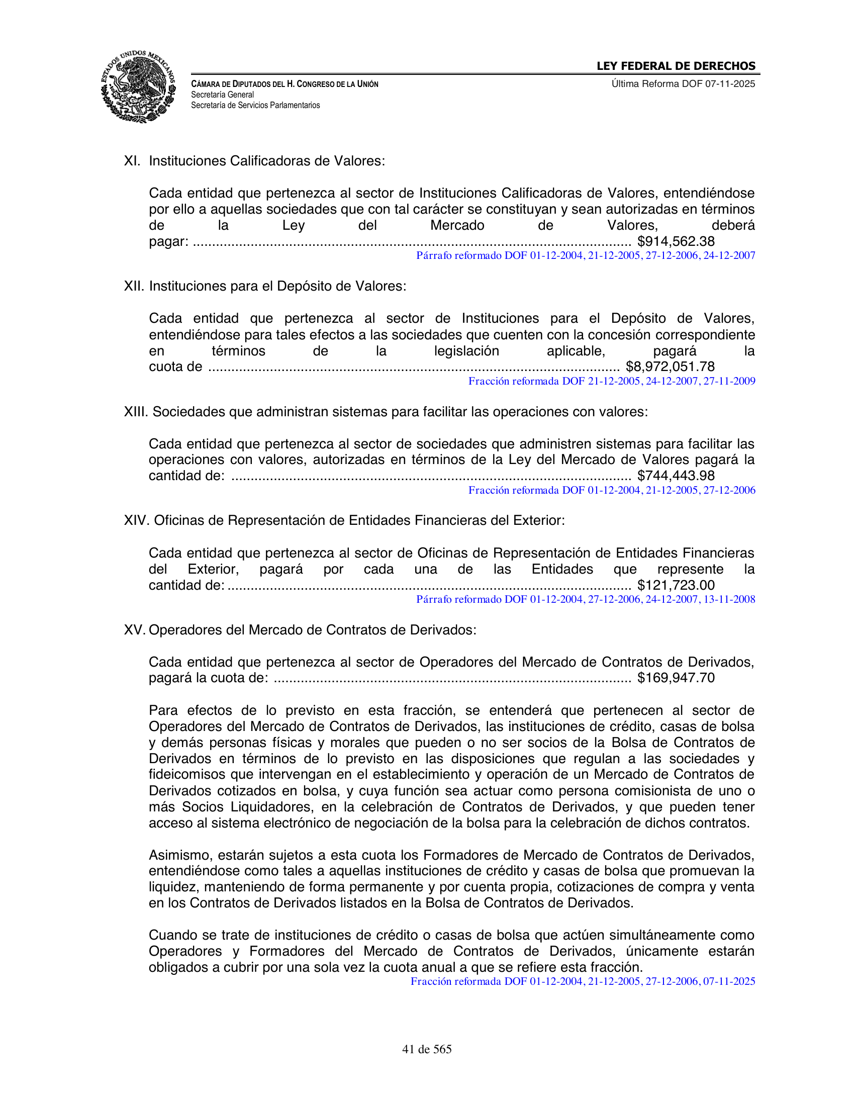 Ley Federal de Derechos — official Chamber compilation — original physical page 41 of 565; complete original page image governs, native search text may be incomplete.