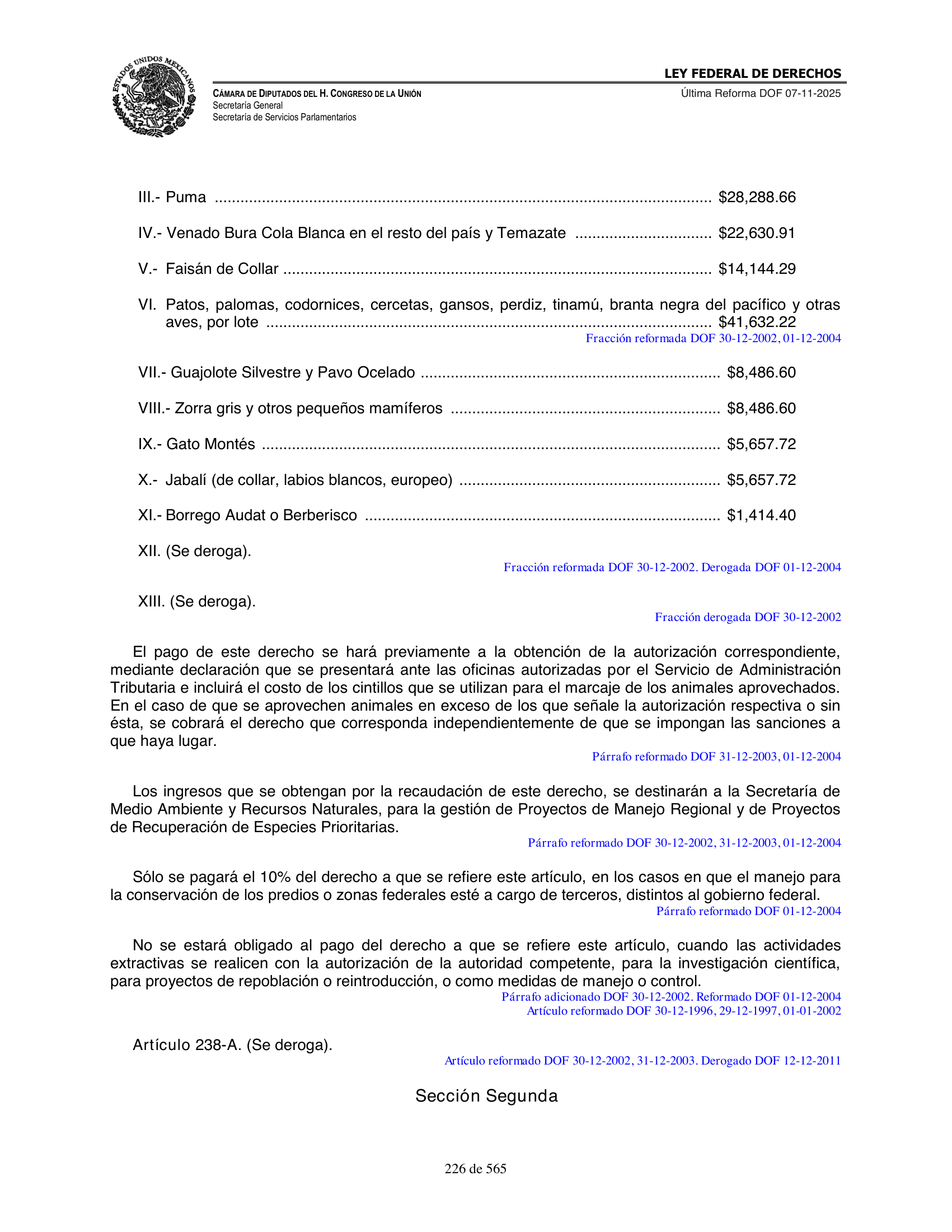 Ley Federal de Derechos — official Chamber compilation — original physical page 226 of 565; complete original page image governs, native search text may be incomplete.