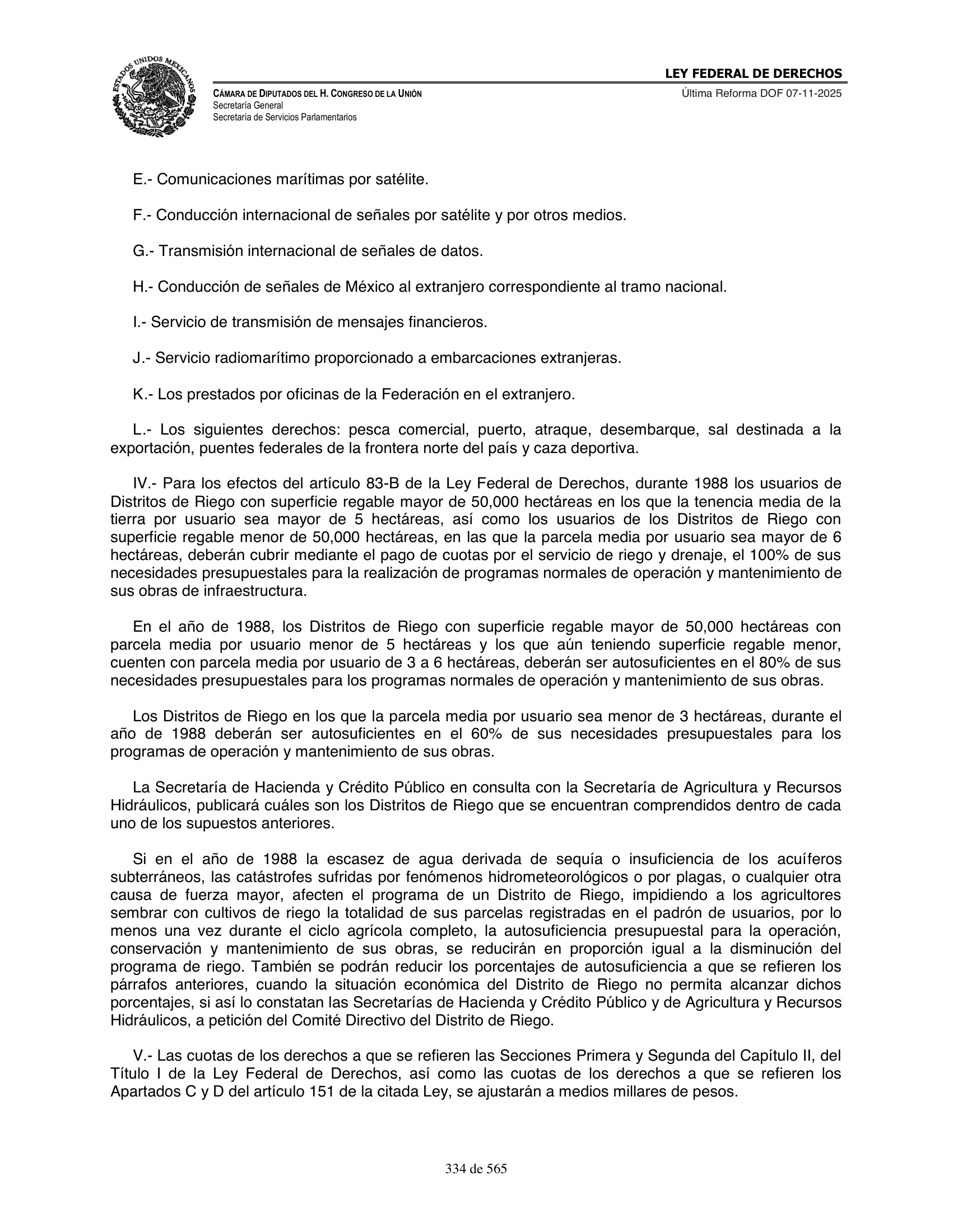 Ley Federal de Derechos — official Chamber compilation — original physical page 334 of 565; complete original page image governs, native search text may be incomplete.