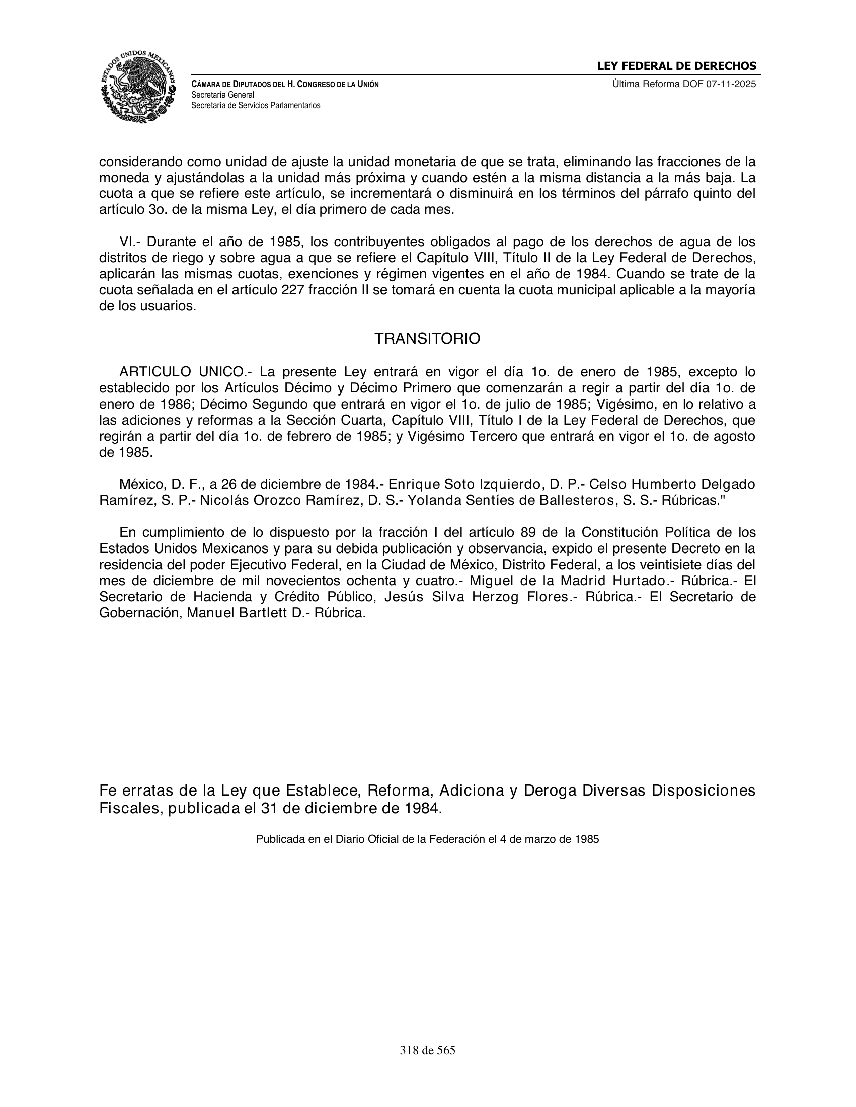 Ley Federal de Derechos — official Chamber compilation — original physical page 318 of 565; complete original page image governs, native search text may be incomplete.