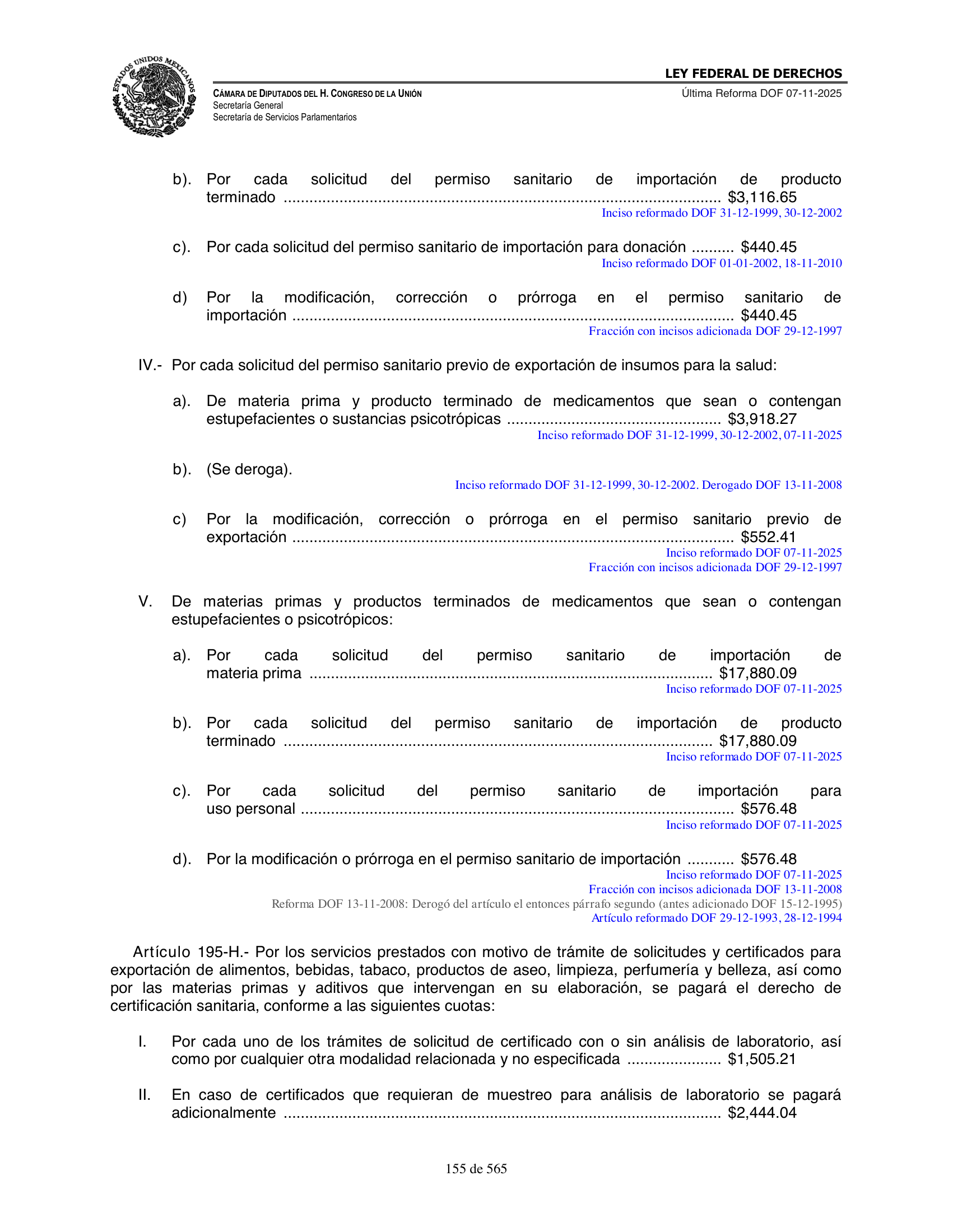 Ley Federal de Derechos — official Chamber compilation — original physical page 155 of 565; complete original page image governs, native search text may be incomplete.