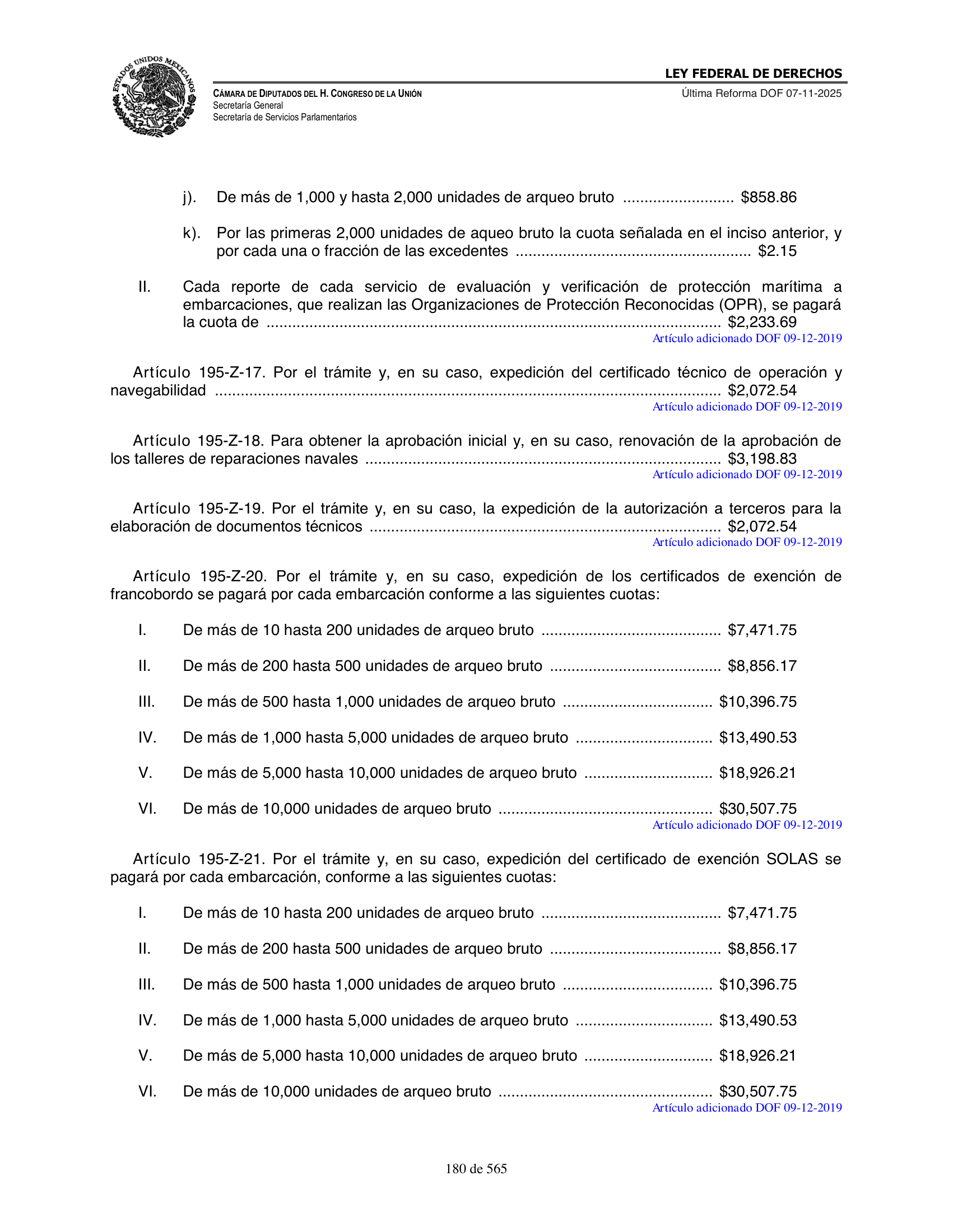 Ley Federal de Derechos — official Chamber compilation — original physical page 180 of 565; complete original page image governs, native search text may be incomplete.