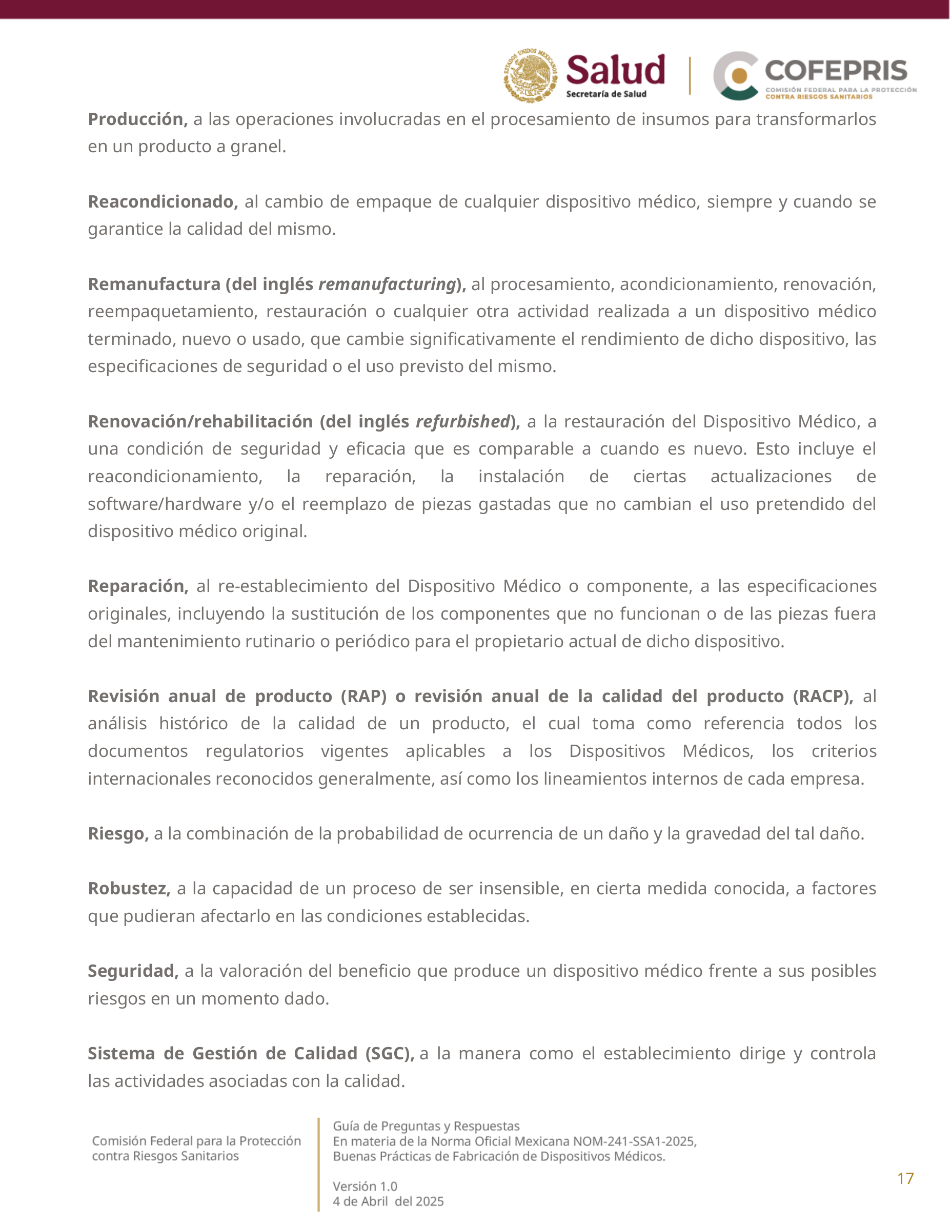 COFEPRIS NOM-241-SSA1-2025 questions and answers, version 1.0 — original physical PDF page 17; complete original page layout, table cells and figures retained.
