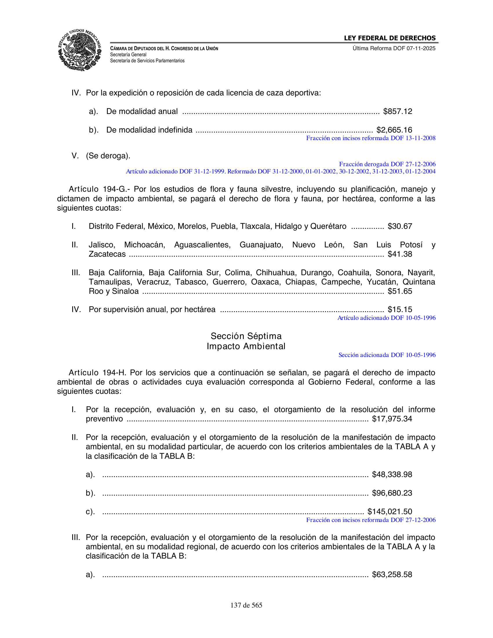 Ley Federal de Derechos — official Chamber compilation — original physical page 137 of 565; complete original page image governs, native search text may be incomplete.