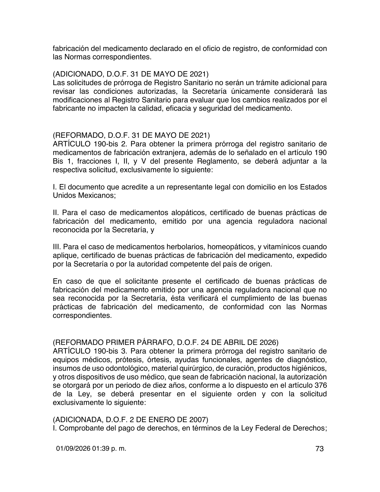 Reglamento de Insumos para la Salud — 2026 compiled expression — official PDF page 73