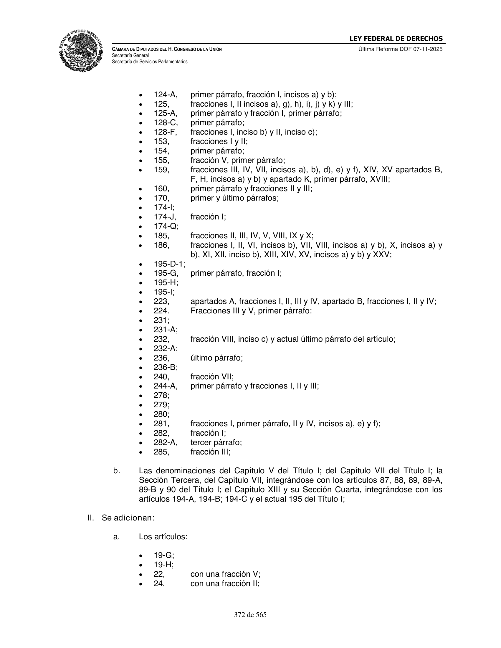 Ley Federal de Derechos — official Chamber compilation — original physical page 372 of 565; complete original page image governs, native search text may be incomplete.