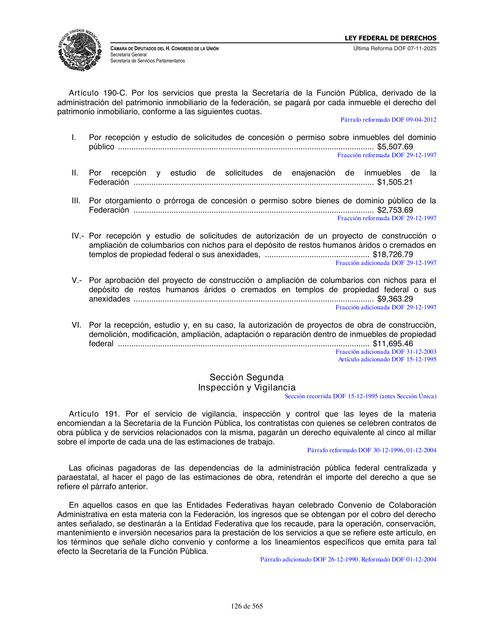 Ley Federal de Derechos — official Chamber compilation — original physical page 126 of 565; complete original page image governs, native search text may be incomplete.