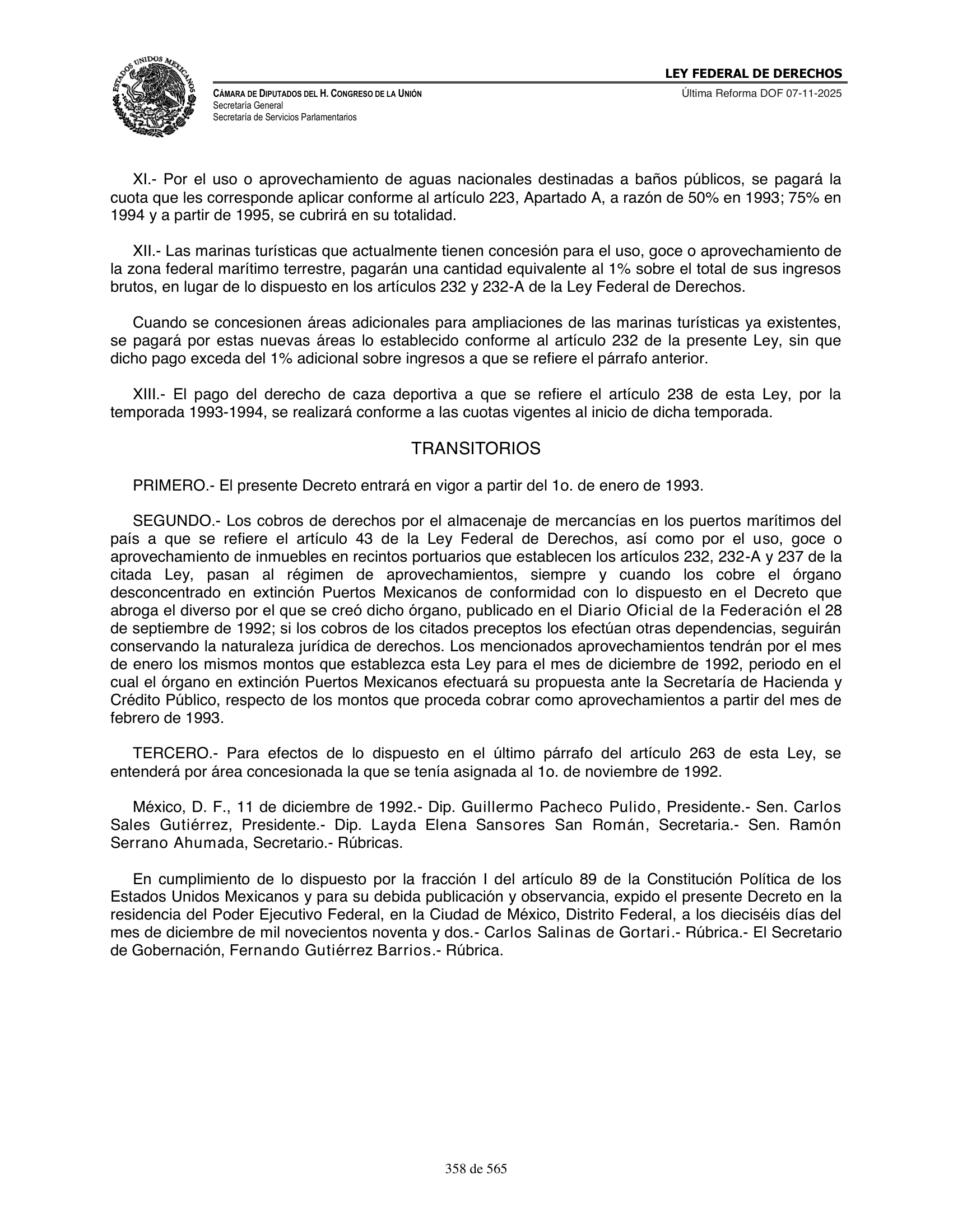 Ley Federal de Derechos — official Chamber compilation — original physical page 358 of 565; complete original page image governs, native search text may be incomplete.