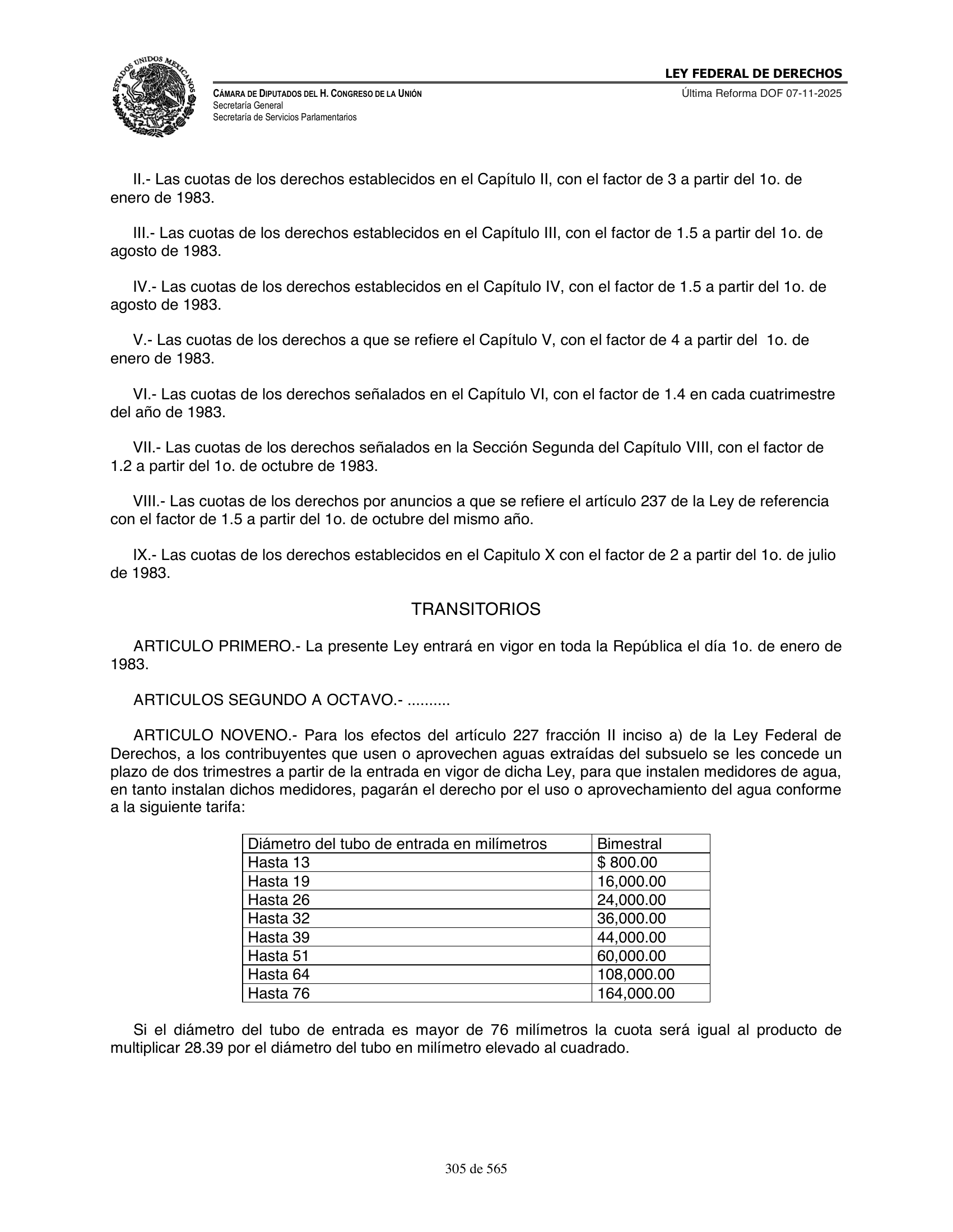 Ley Federal de Derechos — official Chamber compilation — original physical page 305 of 565; complete original page image governs, native search text may be incomplete.