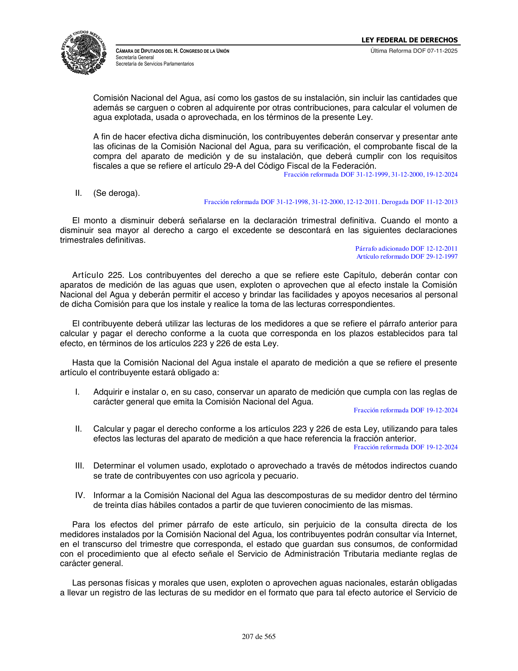 Ley Federal de Derechos — official Chamber compilation — original physical page 207 of 565; complete original page image governs, native search text may be incomplete.