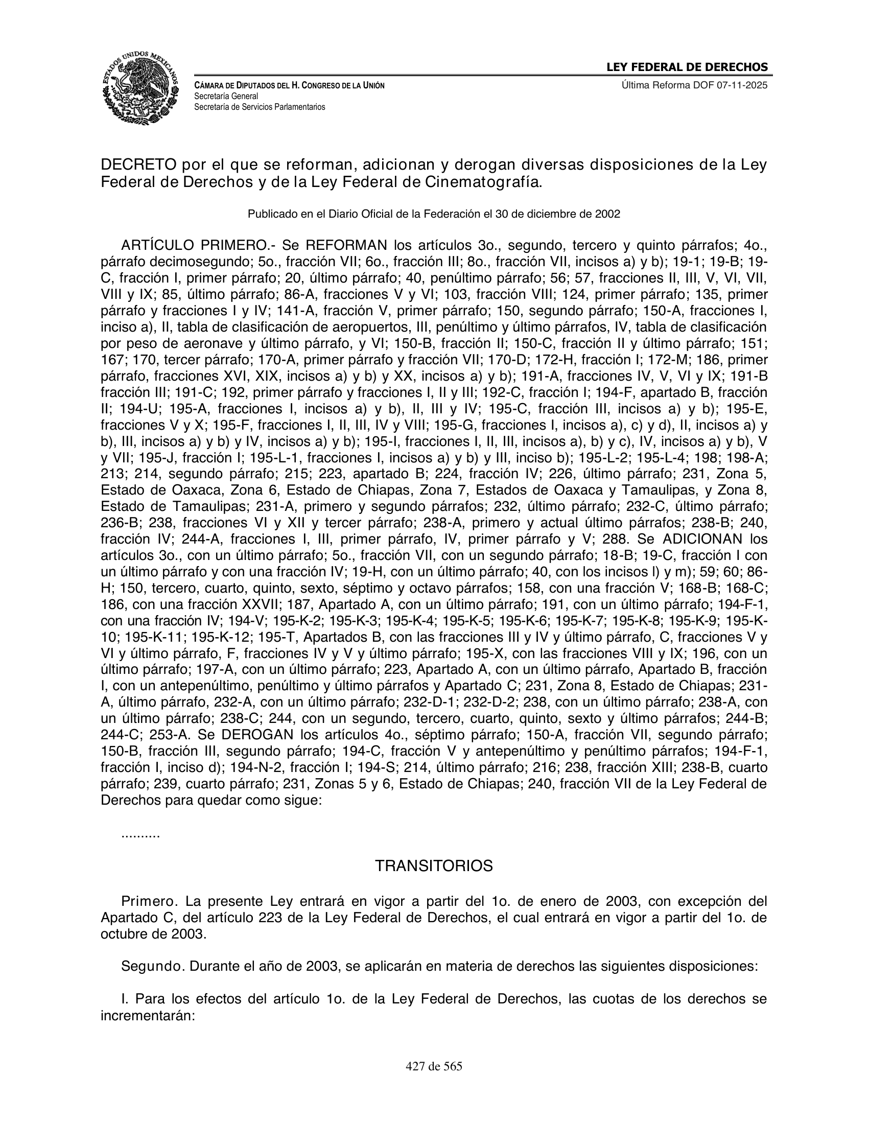 Ley Federal de Derechos — official Chamber compilation — original physical page 427 of 565; complete original page image governs, native search text may be incomplete.