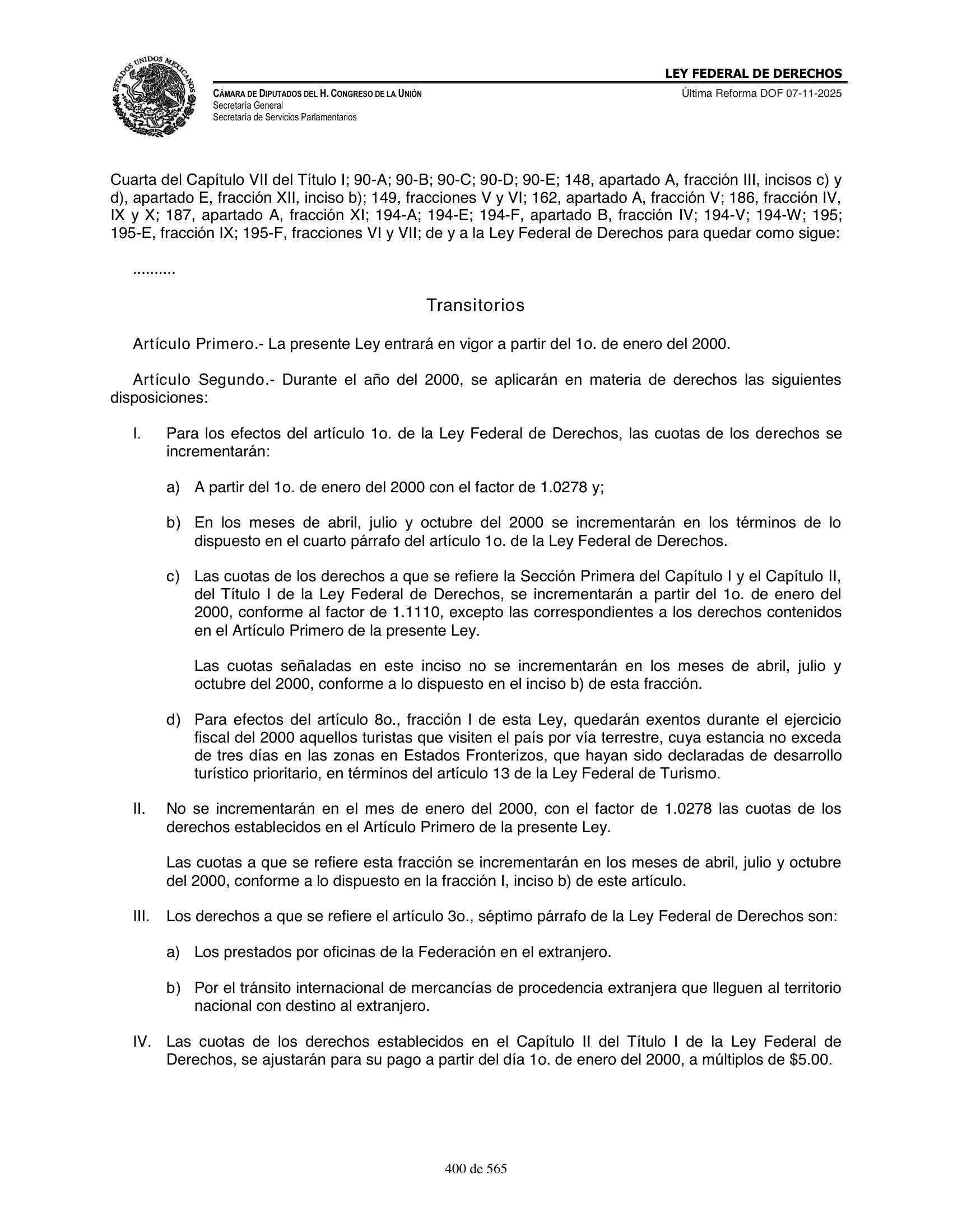 Ley Federal de Derechos — official Chamber compilation — original physical page 400 of 565; complete original page image governs, native search text may be incomplete.