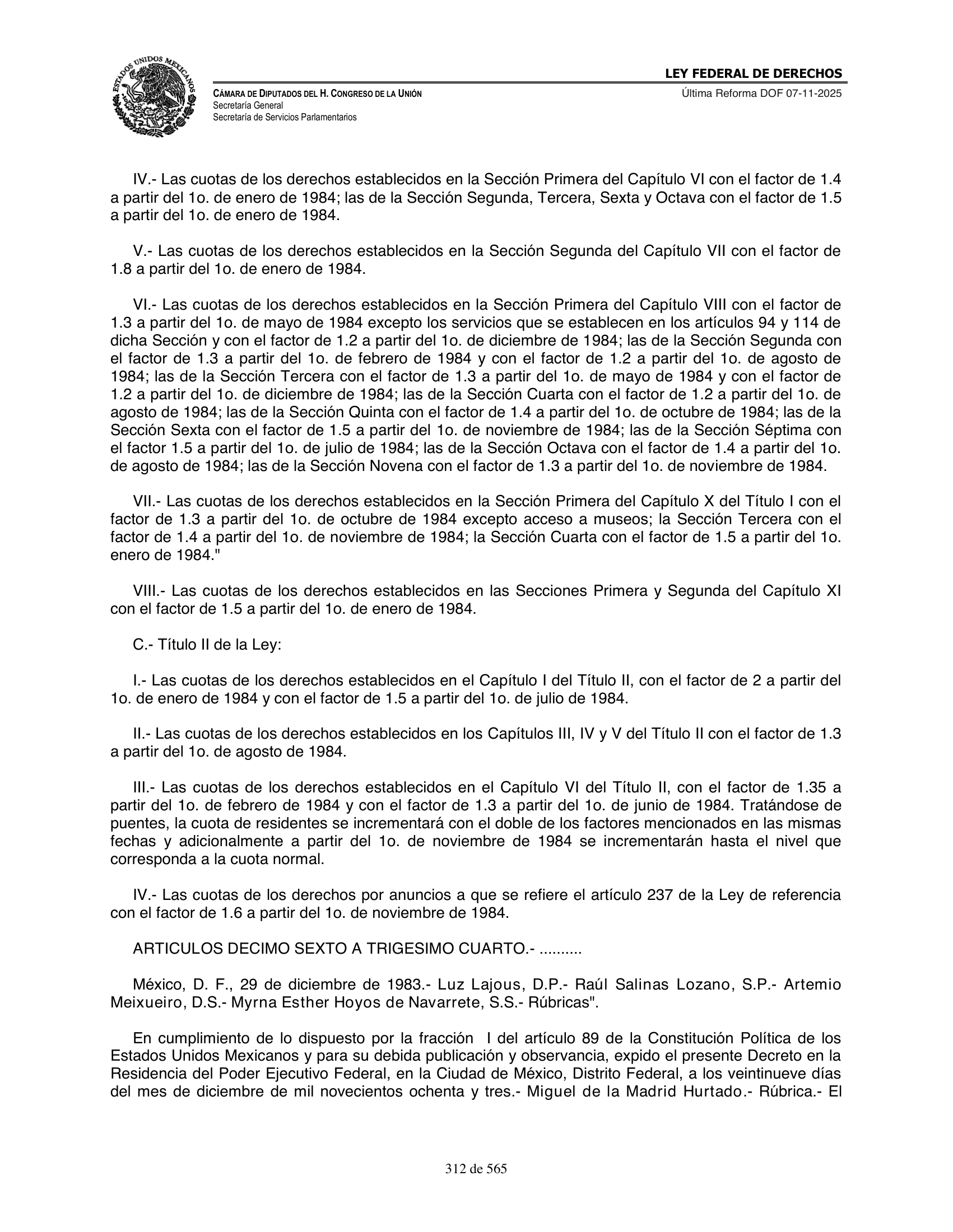 Ley Federal de Derechos — official Chamber compilation — original physical page 312 of 565; complete original page image governs, native search text may be incomplete.