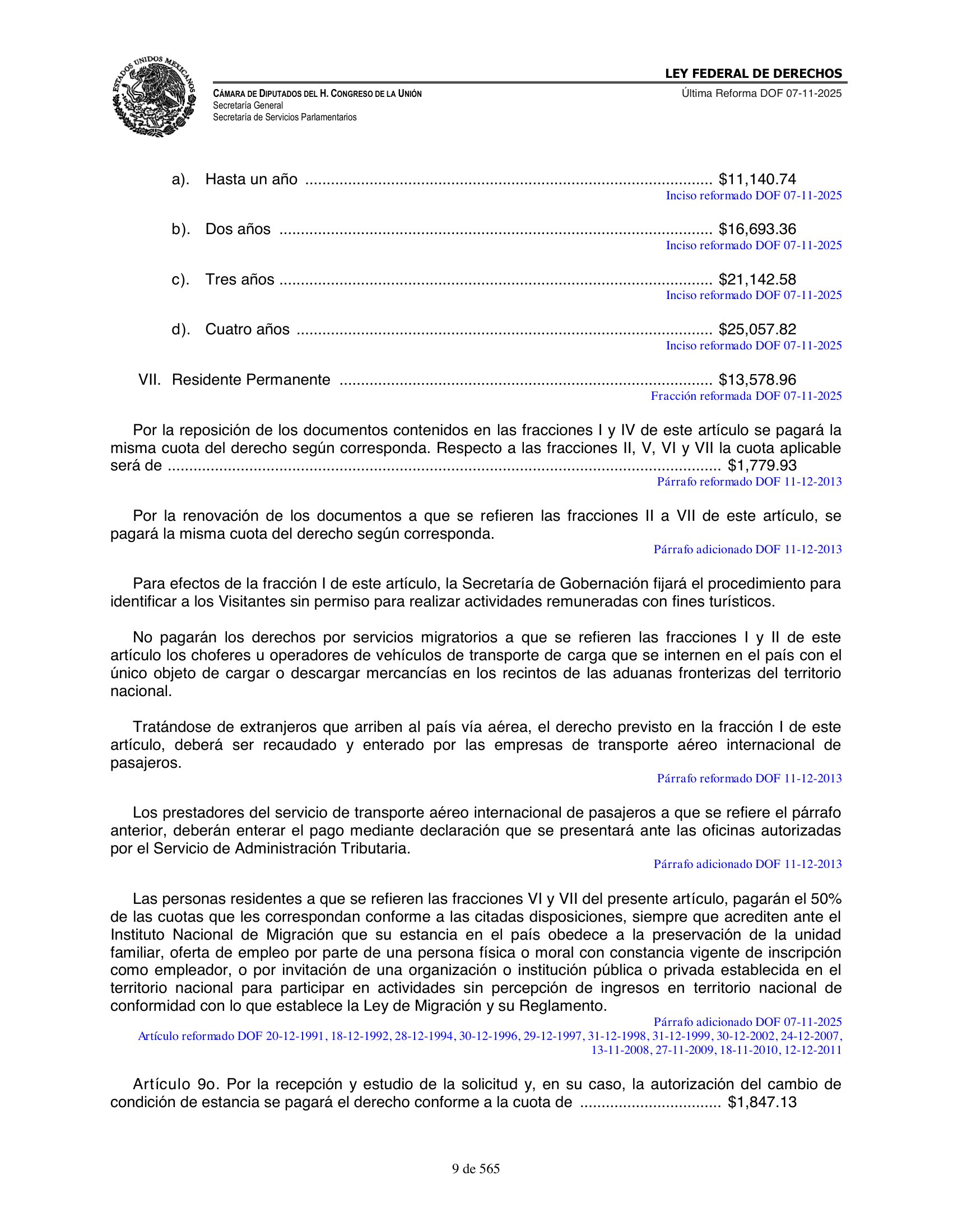 Ley Federal de Derechos — official Chamber compilation — original physical page 9 of 565; complete original page image governs, native search text may be incomplete.