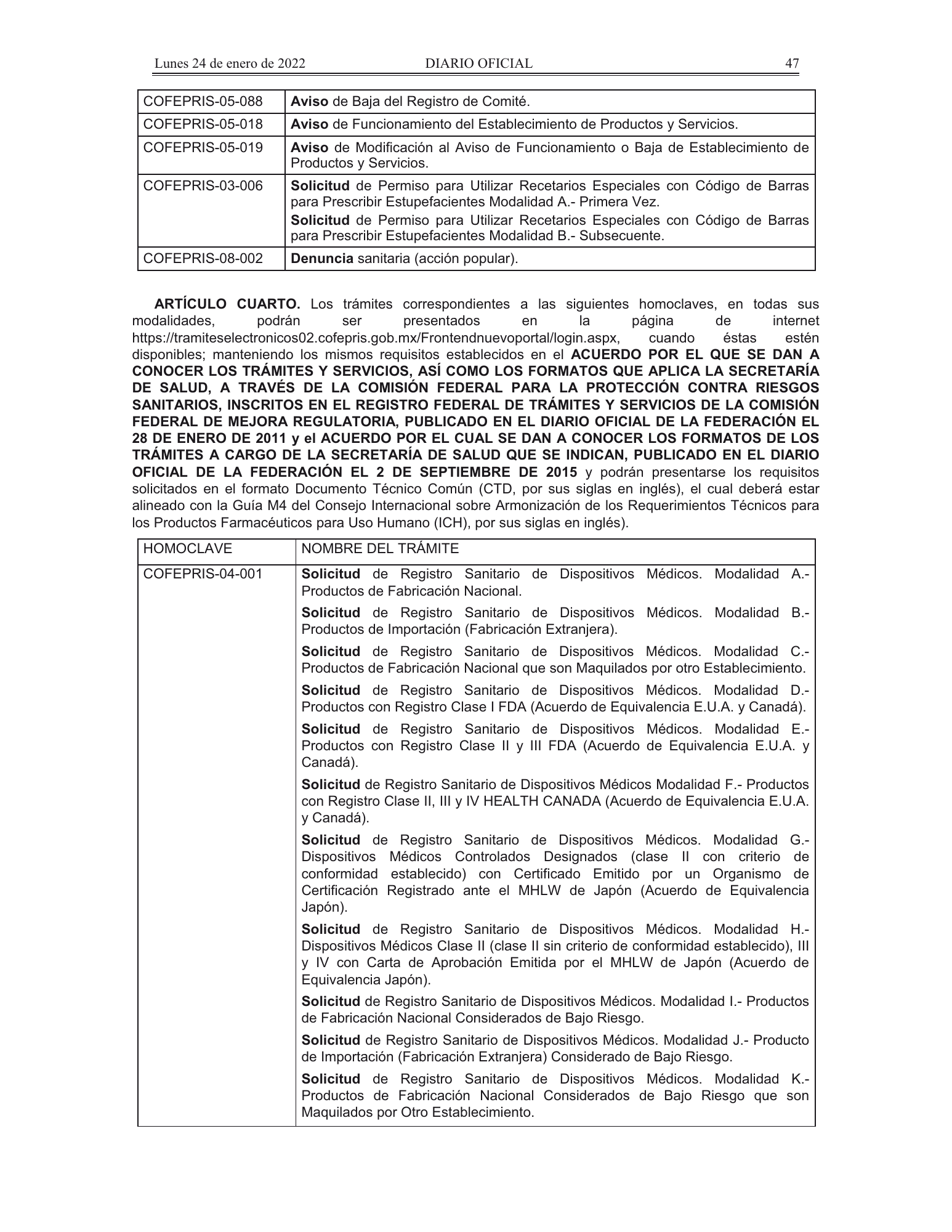 COFEPRIS procedures/forms amendment, DOF 24 January 2022 — original physical PDF page 12; complete page image is authoritative.