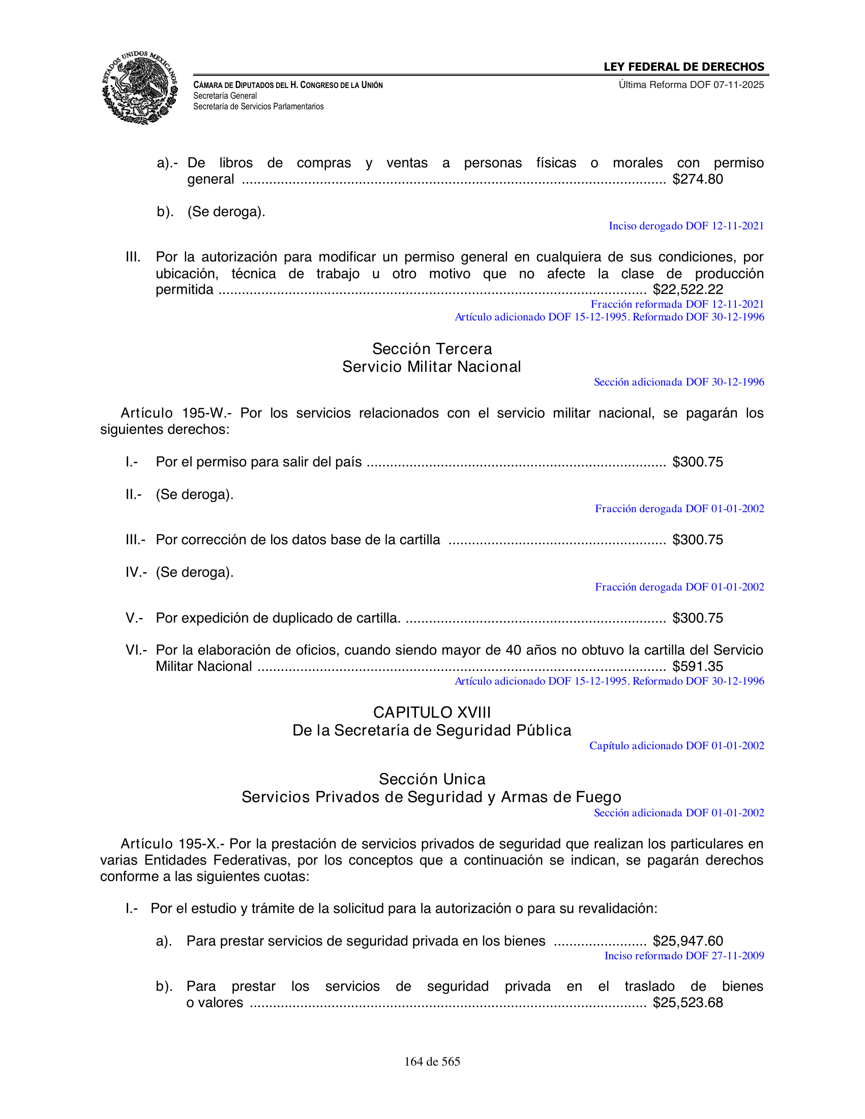 Ley Federal de Derechos — official Chamber compilation — original physical page 164 of 565; complete original page image governs, native search text may be incomplete.