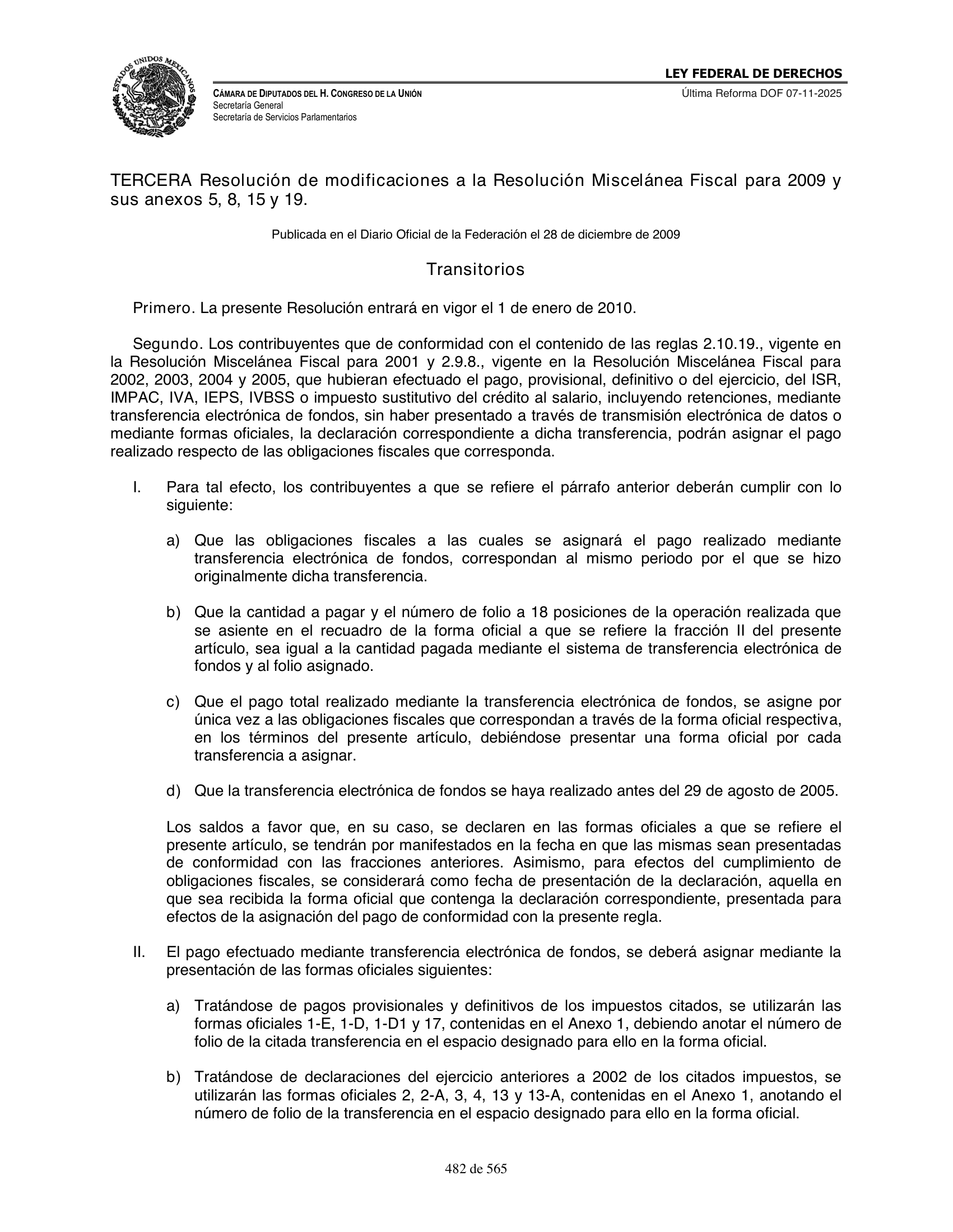 Ley Federal de Derechos — official Chamber compilation — original physical page 482 of 565; complete original page image governs, native search text may be incomplete.