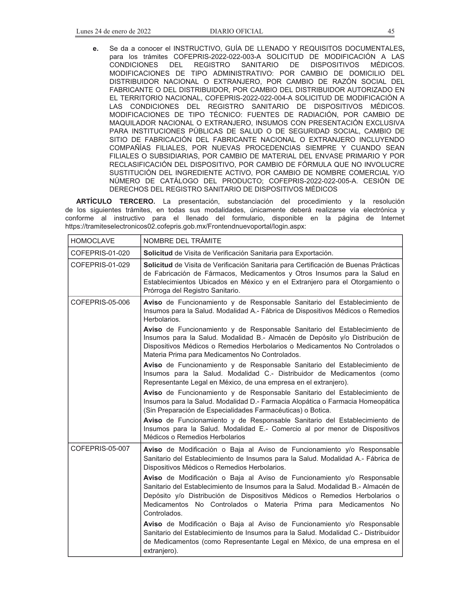 COFEPRIS procedures/forms amendment, DOF 24 January 2022 — original physical PDF page 10; complete page image is authoritative.