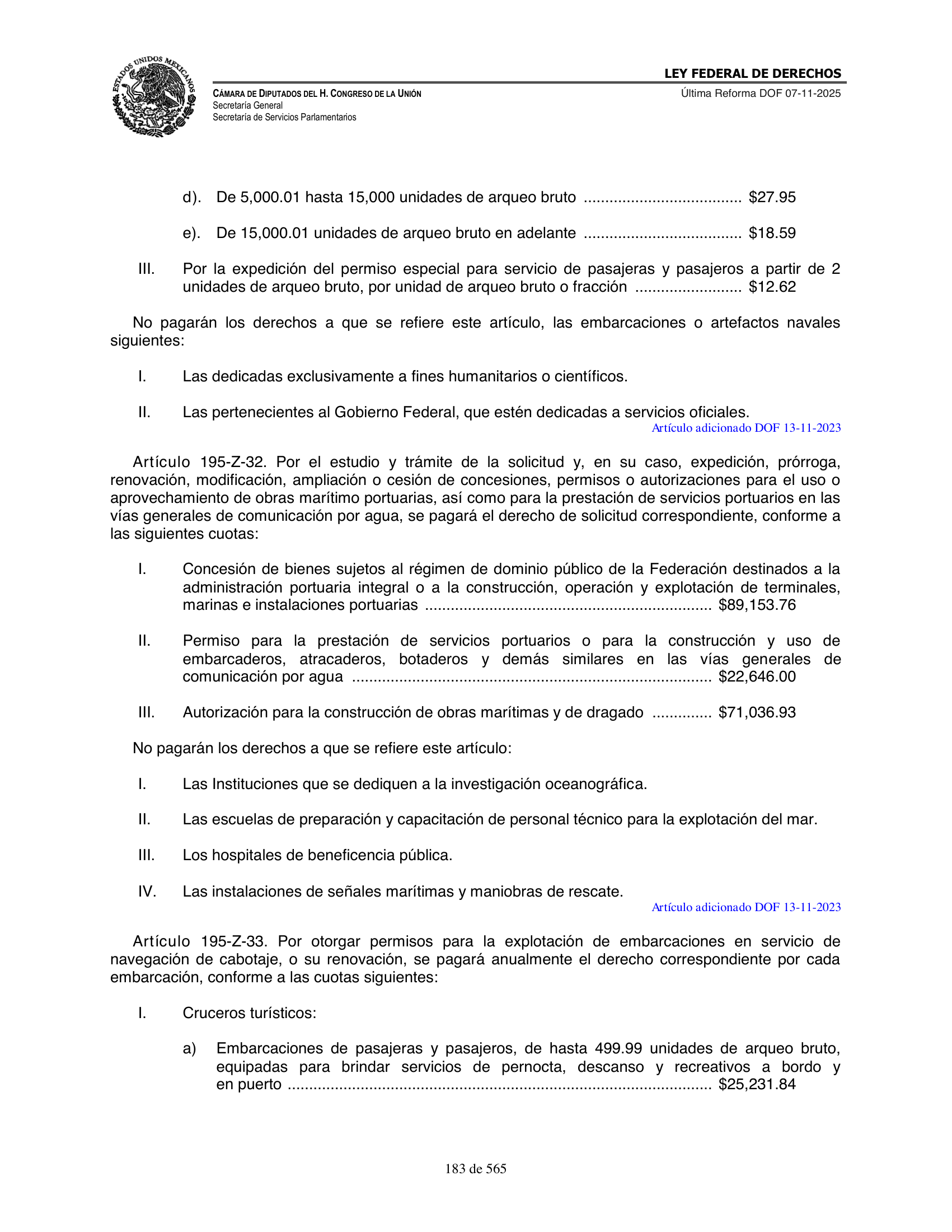 Ley Federal de Derechos — official Chamber compilation — original physical page 183 of 565; complete original page image governs, native search text may be incomplete.