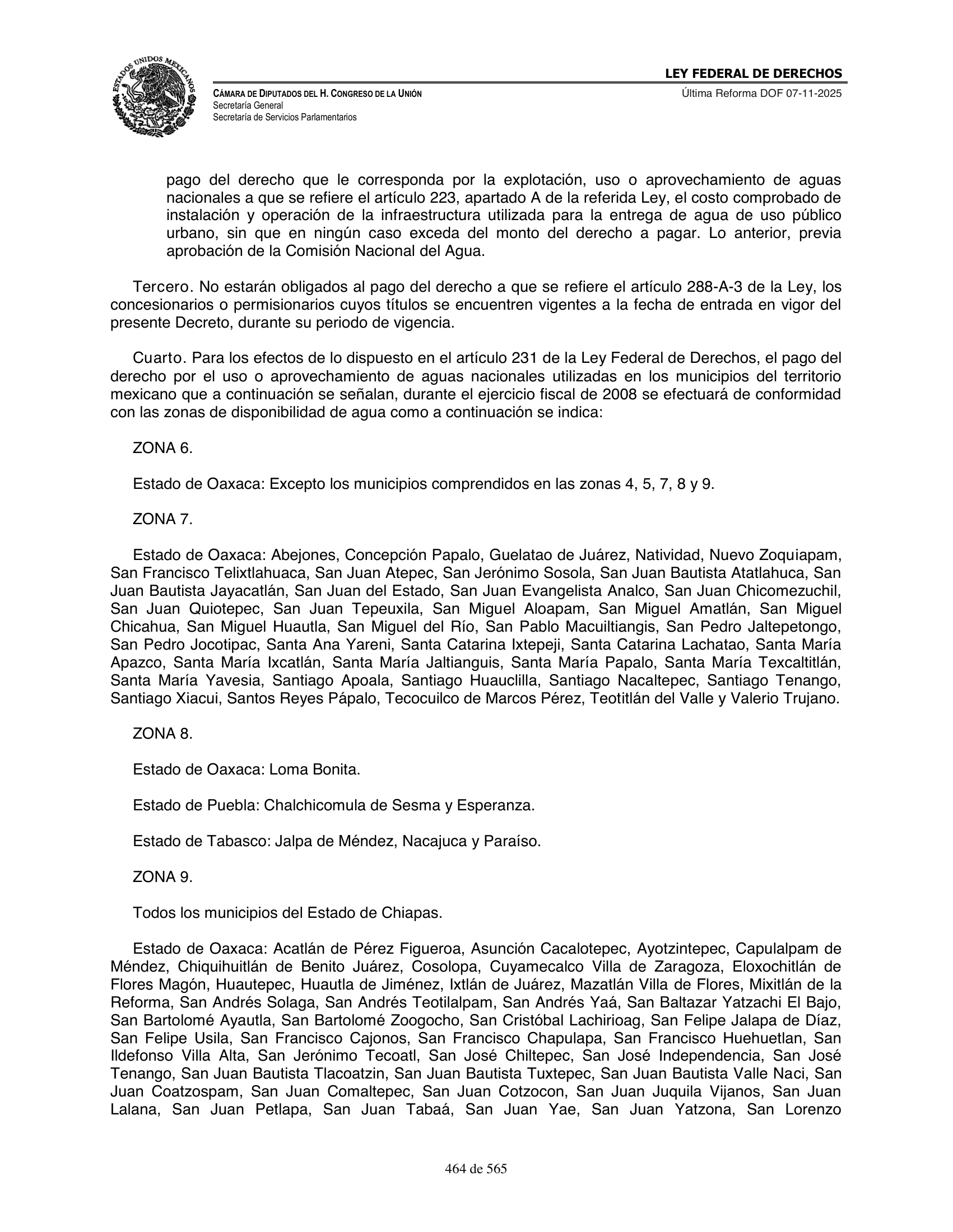 Ley Federal de Derechos — official Chamber compilation — original physical page 464 of 565; complete original page image governs, native search text may be incomplete.