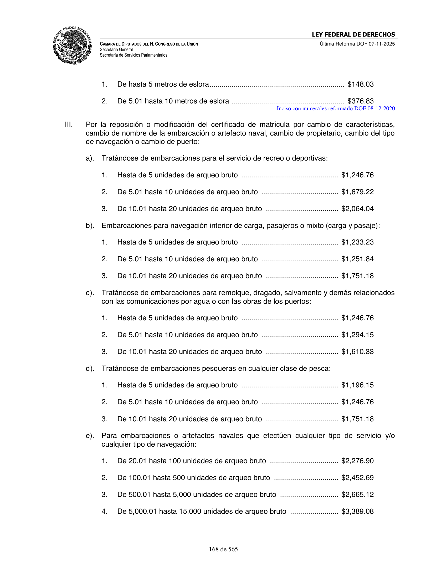 Ley Federal de Derechos — official Chamber compilation — original physical page 168 of 565; complete original page image governs, native search text may be incomplete.