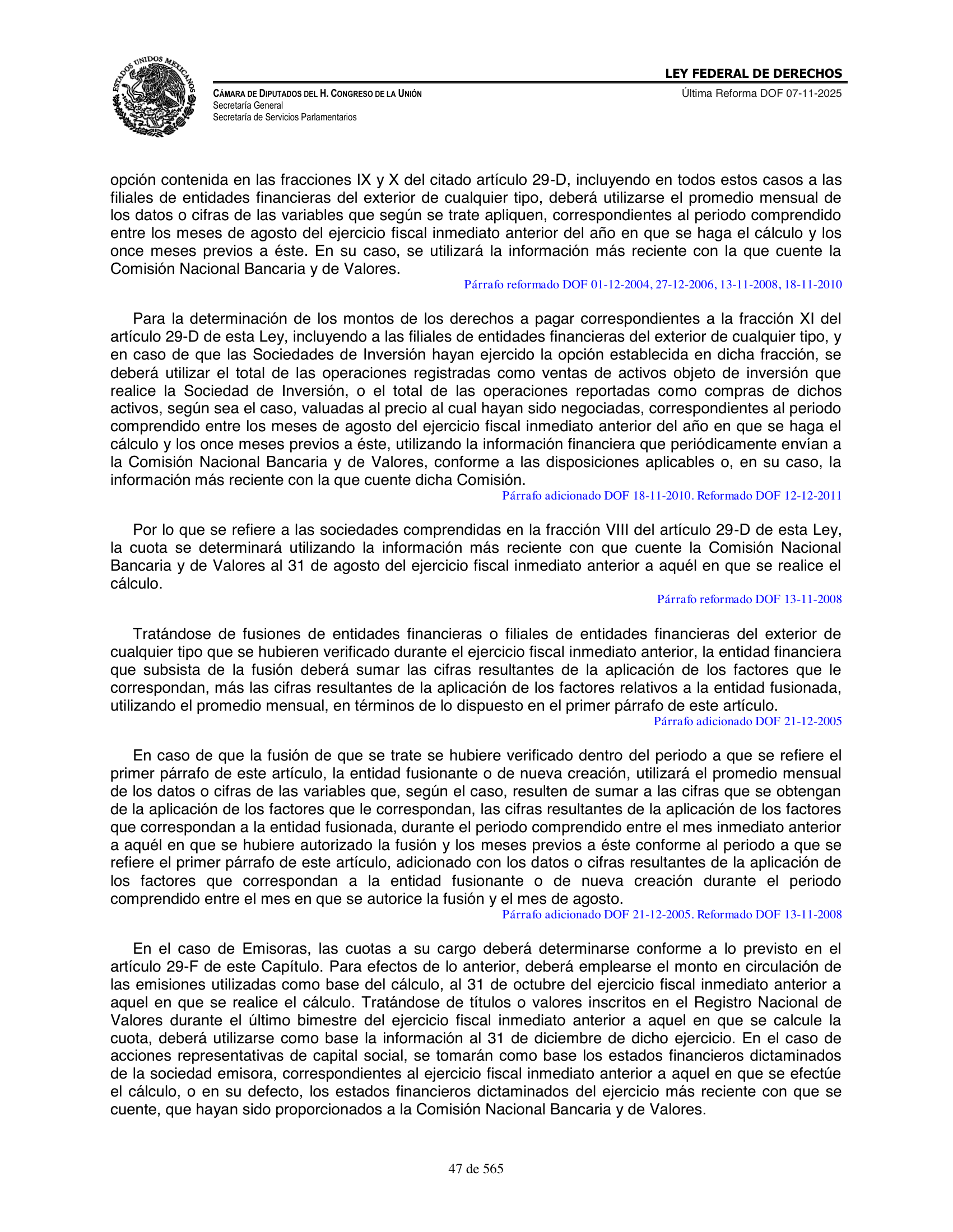 Ley Federal de Derechos — official Chamber compilation — original physical page 47 of 565; complete original page image governs, native search text may be incomplete.
