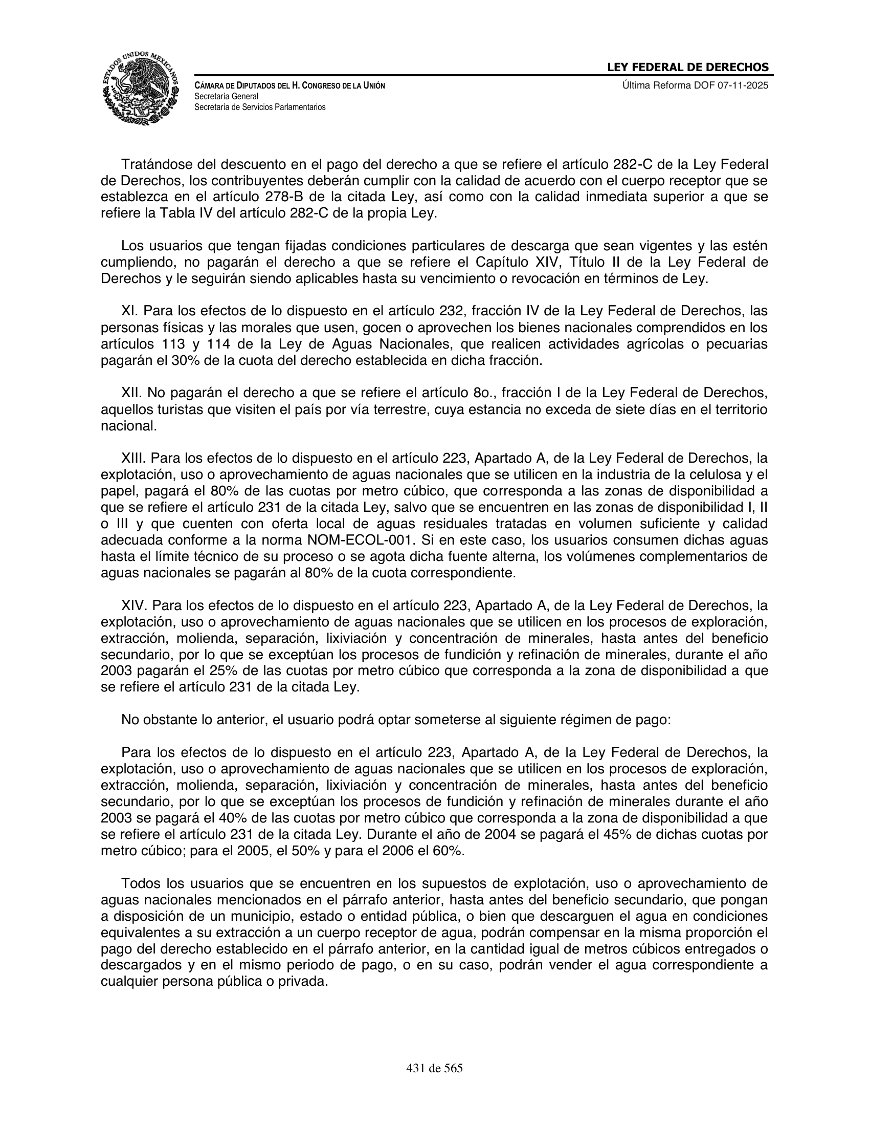Ley Federal de Derechos — official Chamber compilation — original physical page 431 of 565; complete original page image governs, native search text may be incomplete.