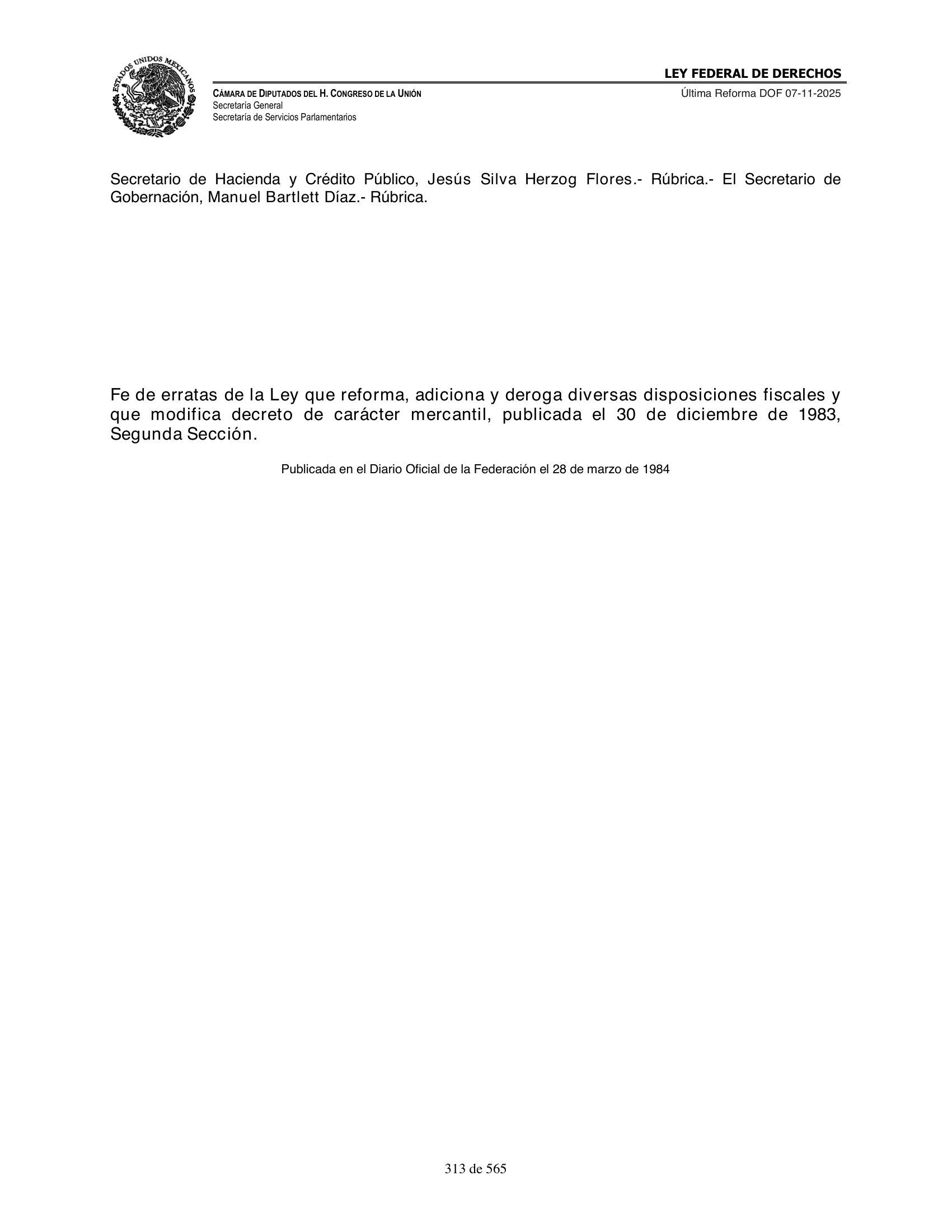 Ley Federal de Derechos — official Chamber compilation — original physical page 313 of 565; complete original page image governs, native search text may be incomplete.