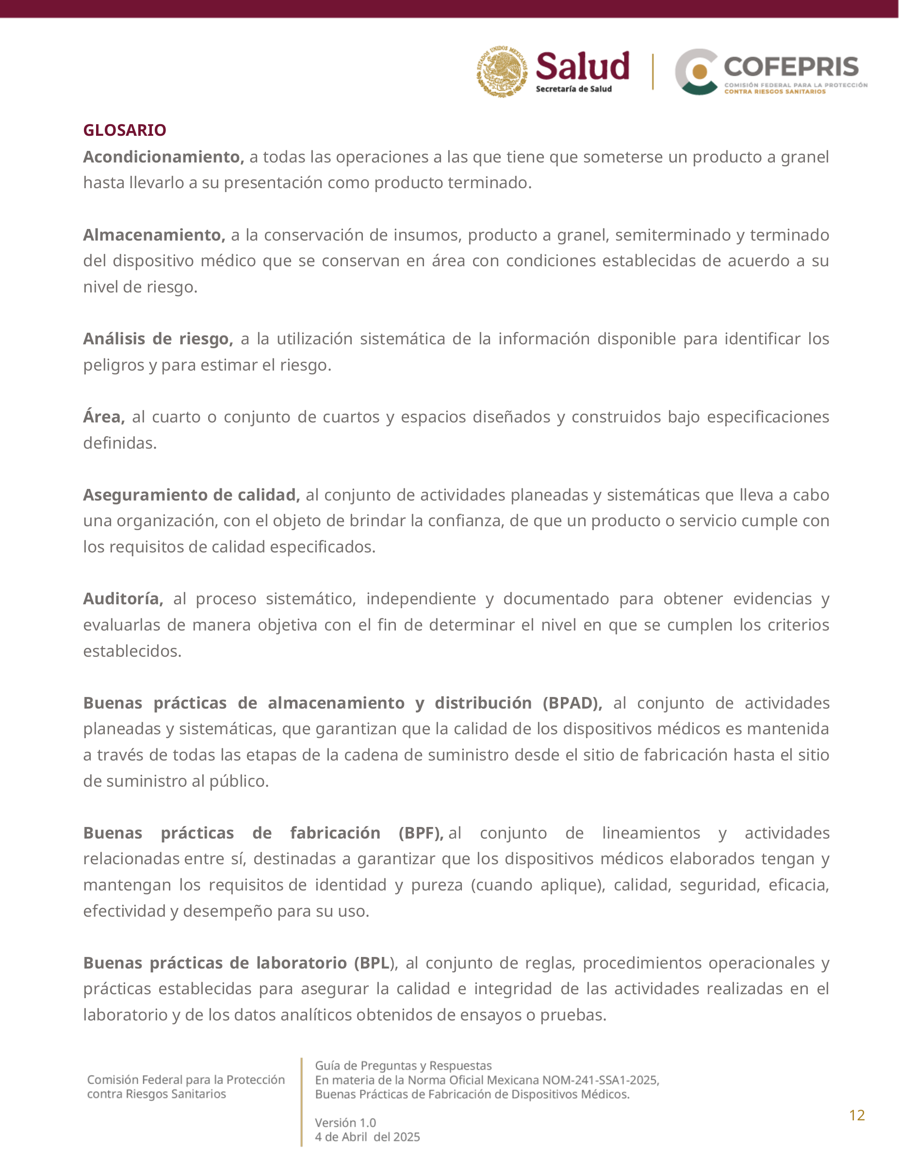 COFEPRIS NOM-241-SSA1-2025 questions and answers, version 1.0 — original physical PDF page 12; complete original page layout, table cells and figures retained.
