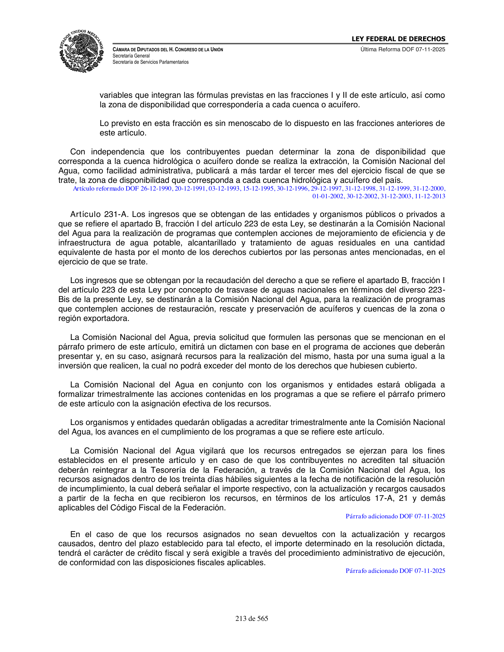 Ley Federal de Derechos — official Chamber compilation — original physical page 213 of 565; complete original page image governs, native search text may be incomplete.