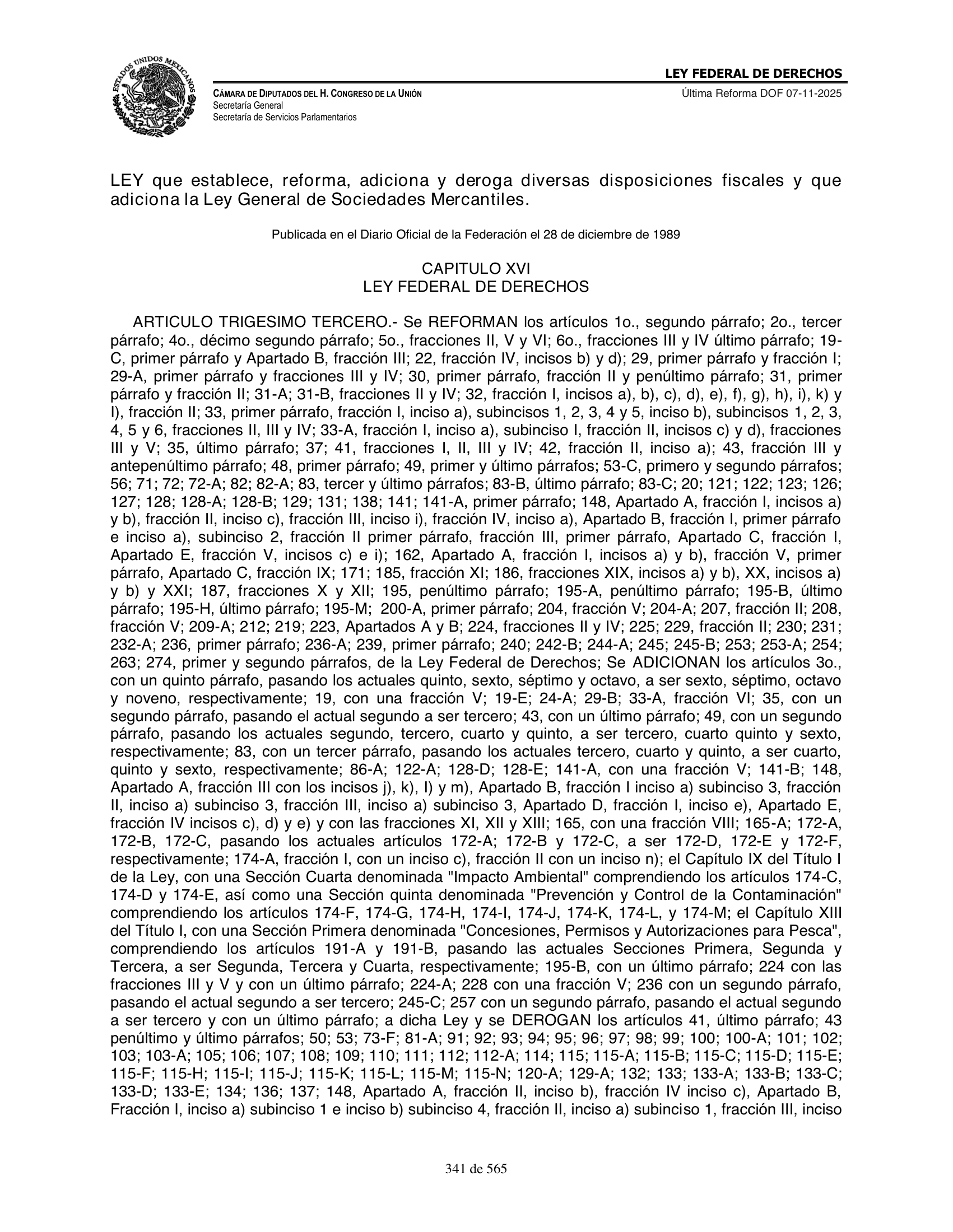 Ley Federal de Derechos — official Chamber compilation — original physical page 341 of 565; complete original page image governs, native search text may be incomplete.