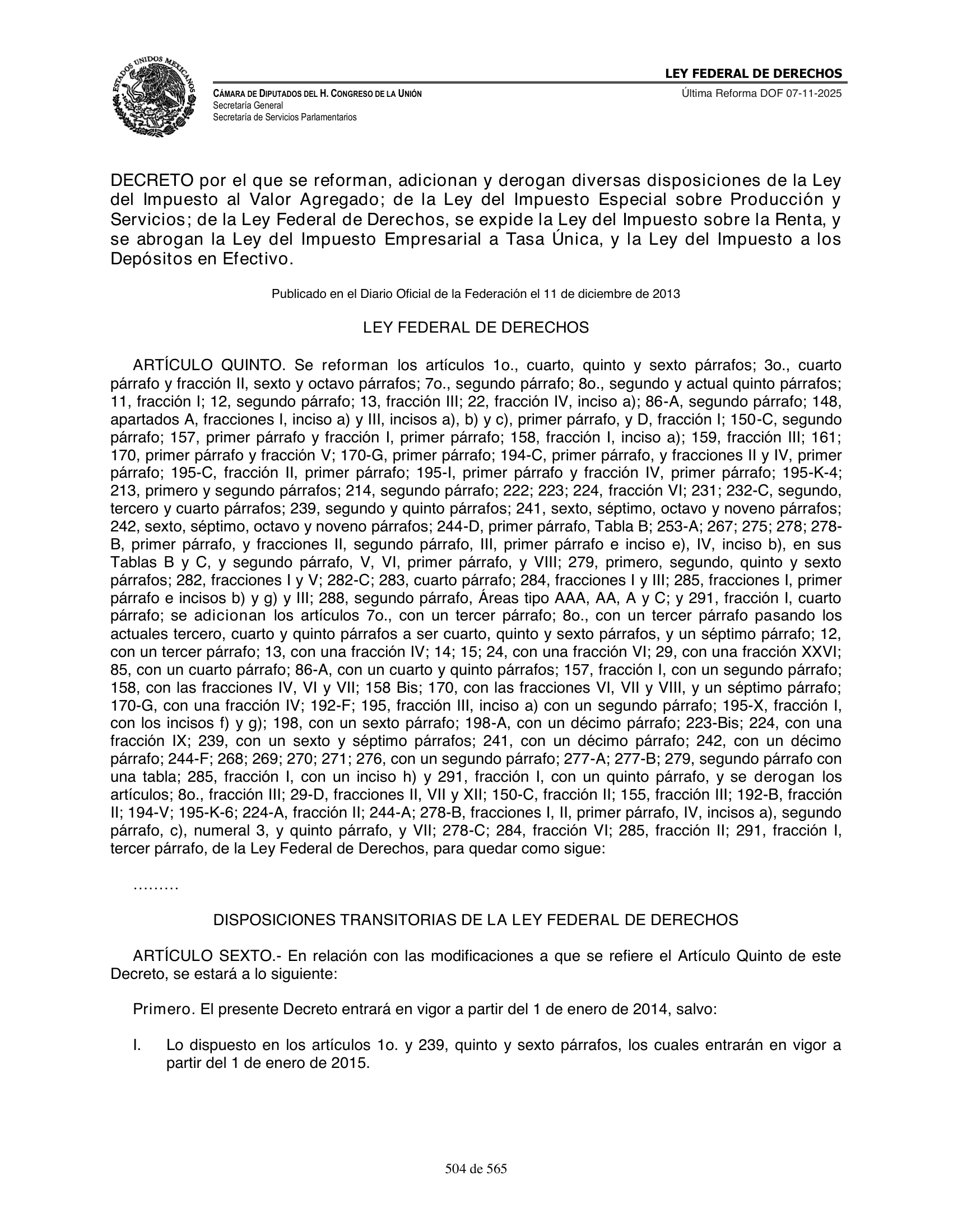 Ley Federal de Derechos — official Chamber compilation — original physical page 504 of 565; complete original page image governs, native search text may be incomplete.