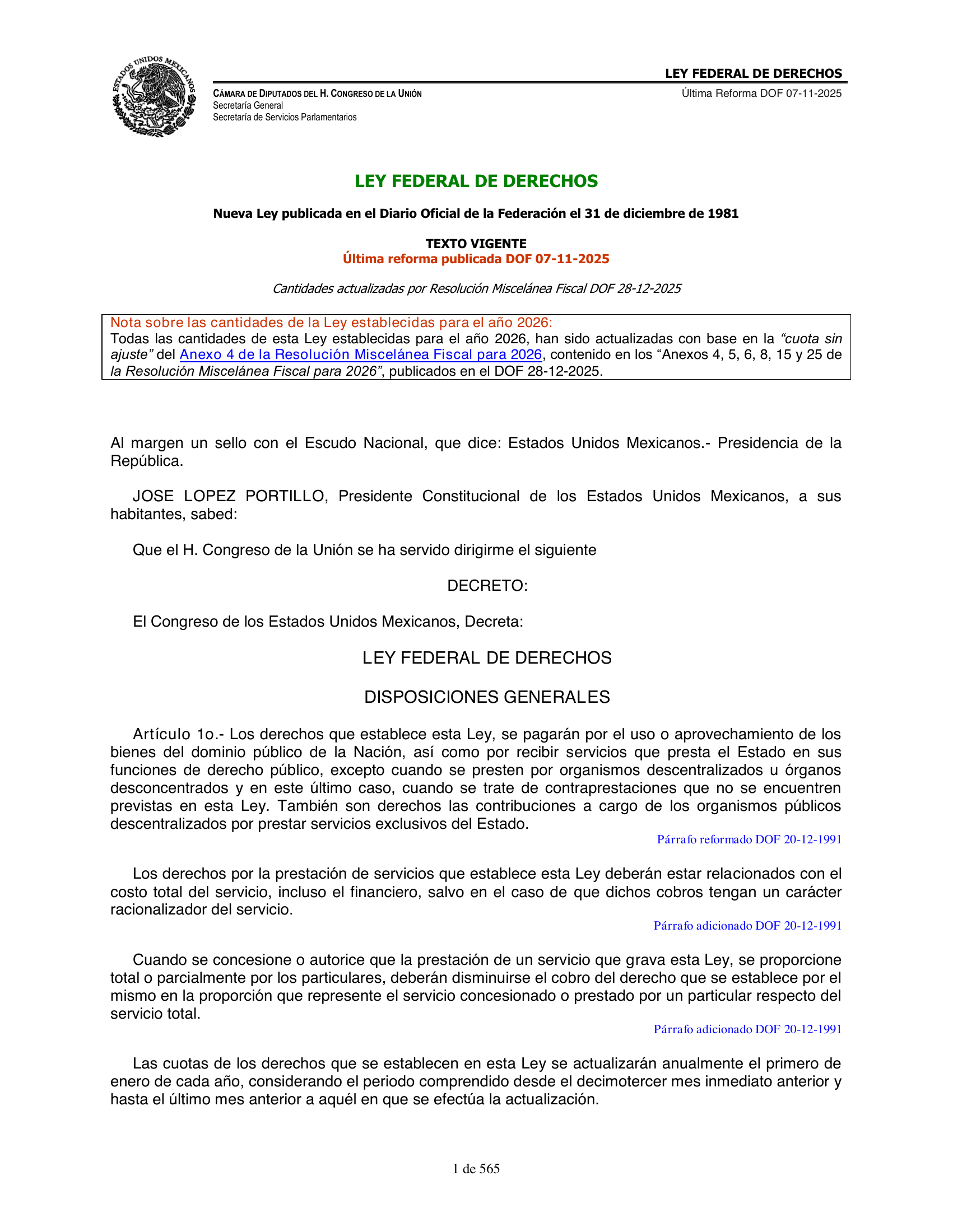 Ley Federal de Derechos — official Chamber compilation — original physical page 1 of 565; complete original page image governs, native search text may be incomplete.
