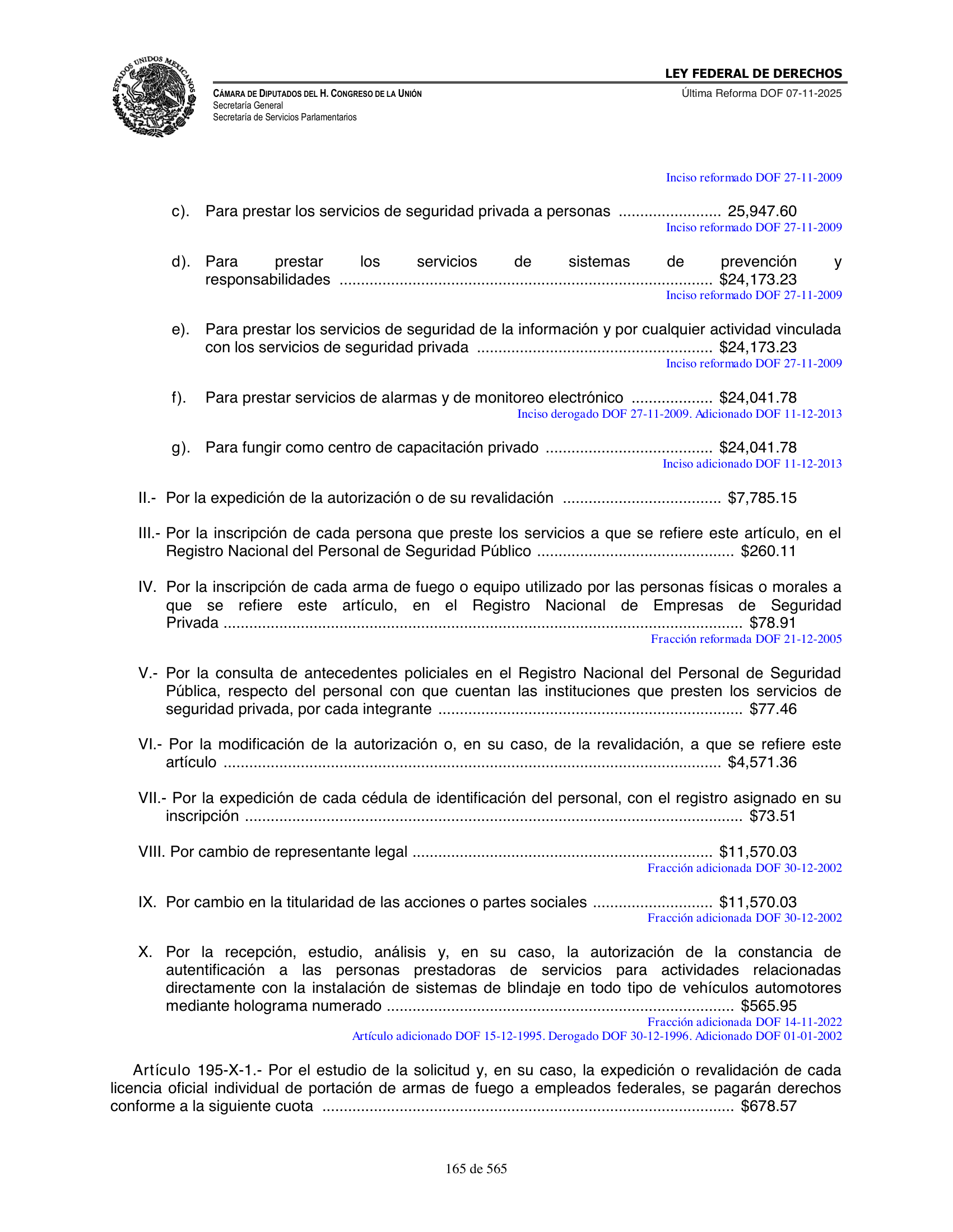 Ley Federal de Derechos — official Chamber compilation — original physical page 165 of 565; complete original page image governs, native search text may be incomplete.
